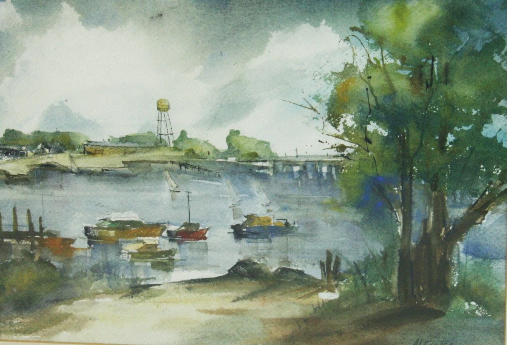 Vintage Danish  Landscape Scene Boats in the Harbor - Painting by Unknown