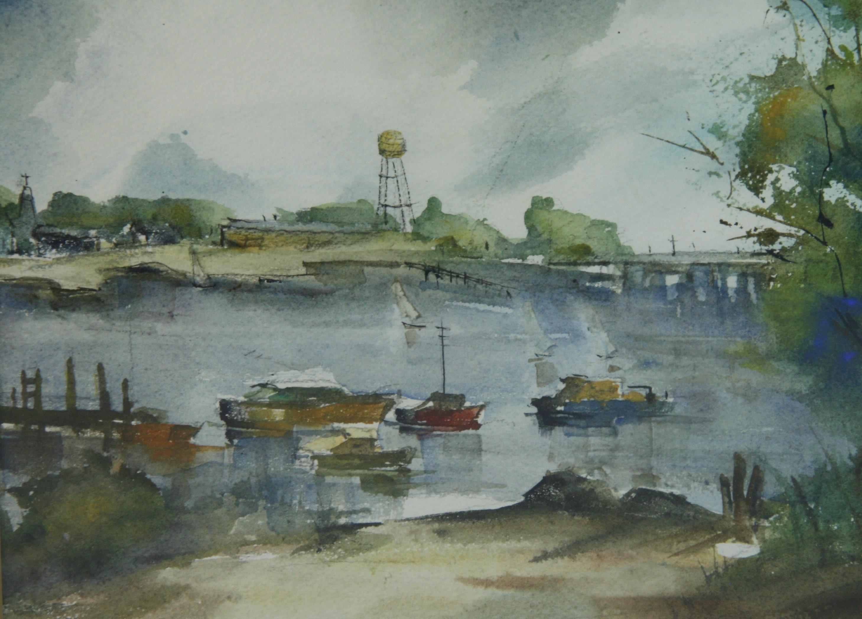 Vintage Danish  Landscape Scene Boats in the Harbor - Gray Landscape Painting by Unknown