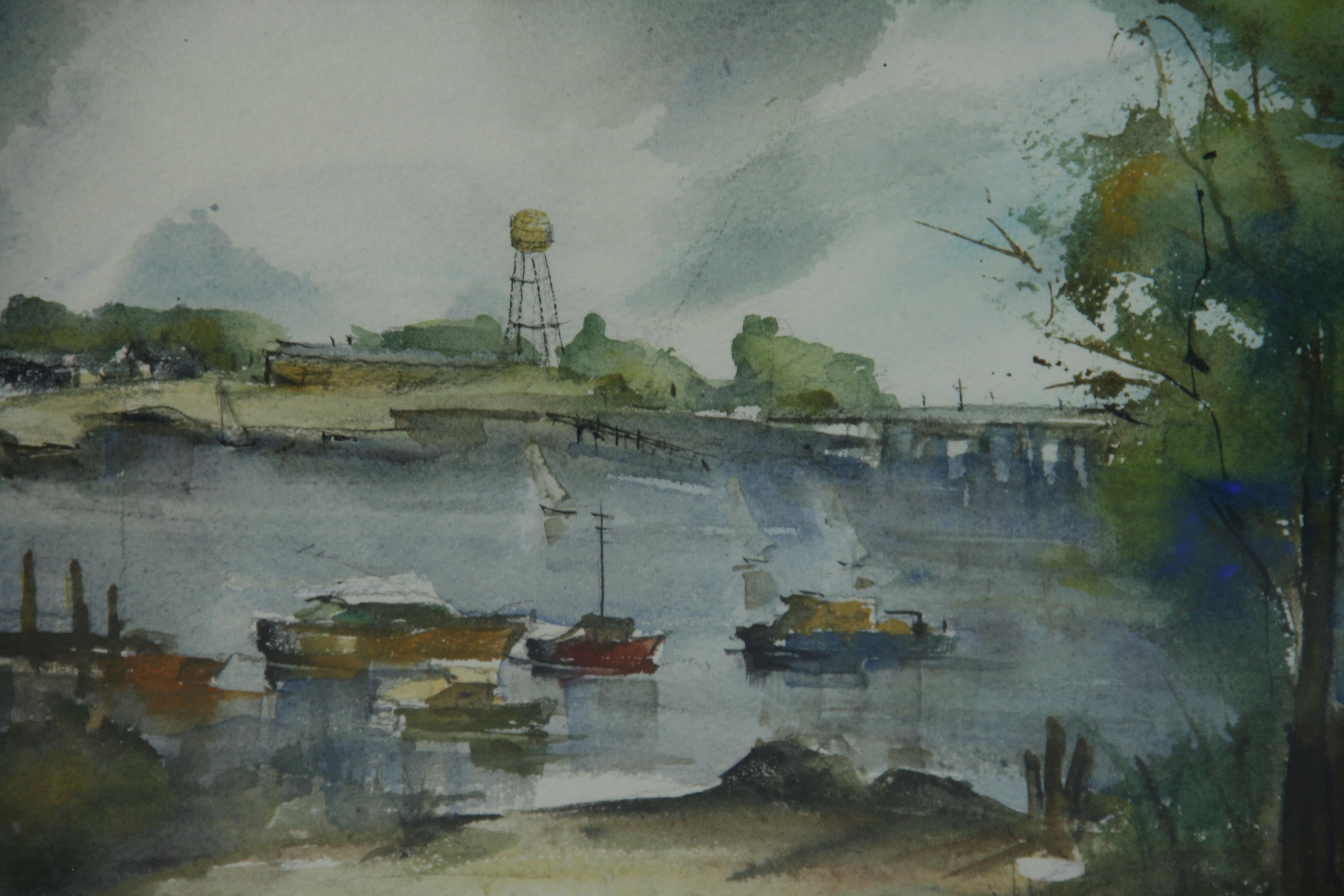 Vintage Danish  Landscape Scene Boats in the Harbor For Sale 1