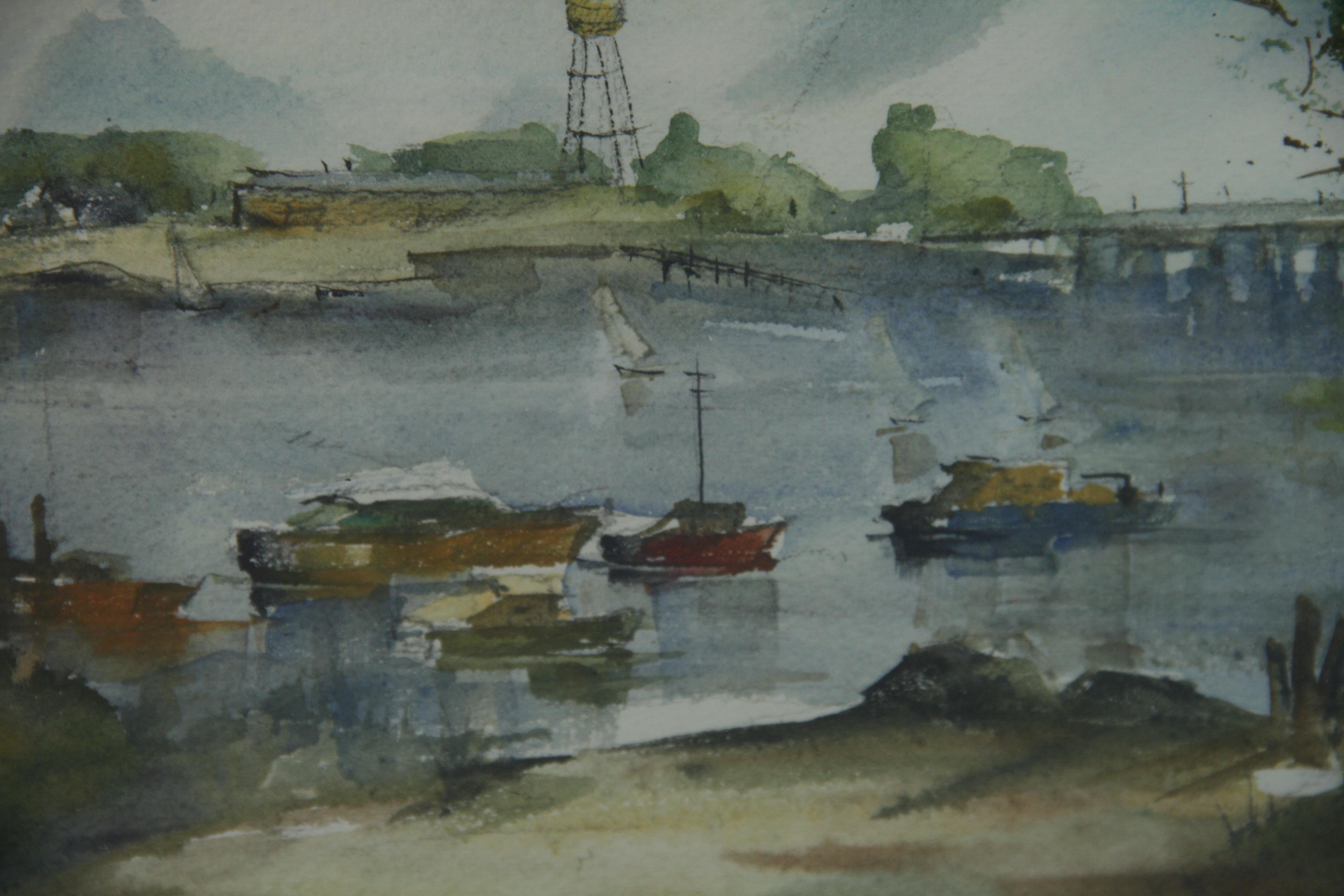 Vintage Danish  Landscape Scene Boats in the Harbor For Sale 2