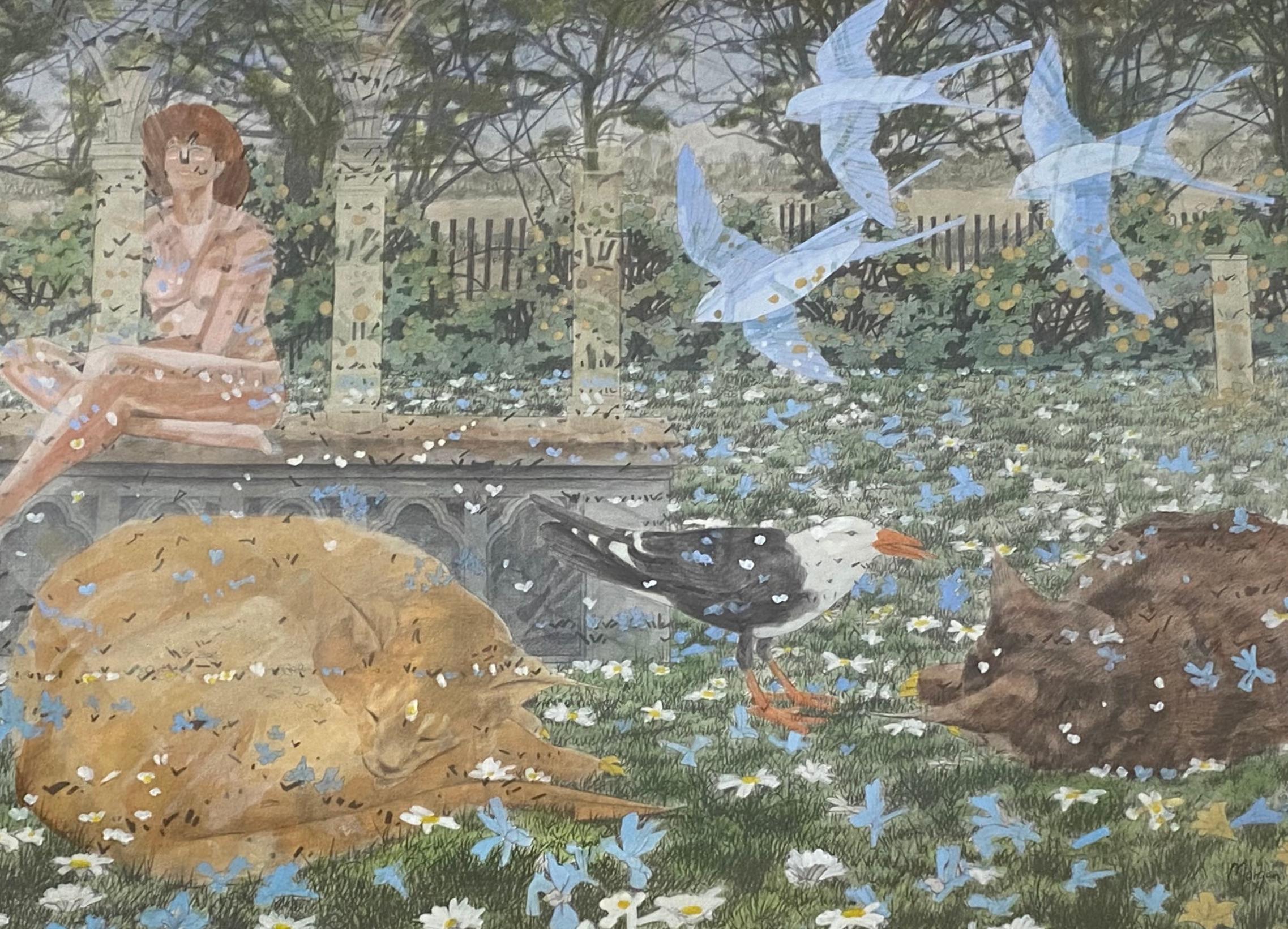 Vintage Day Dream Landschaft mit Akt, Katzen und Vögeln von Morgan 20. – Painting von Unknown