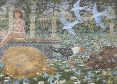 Vintage Paisaje de ensueño con desnudo, gatos y pájaros por Morgan Siglo XX
