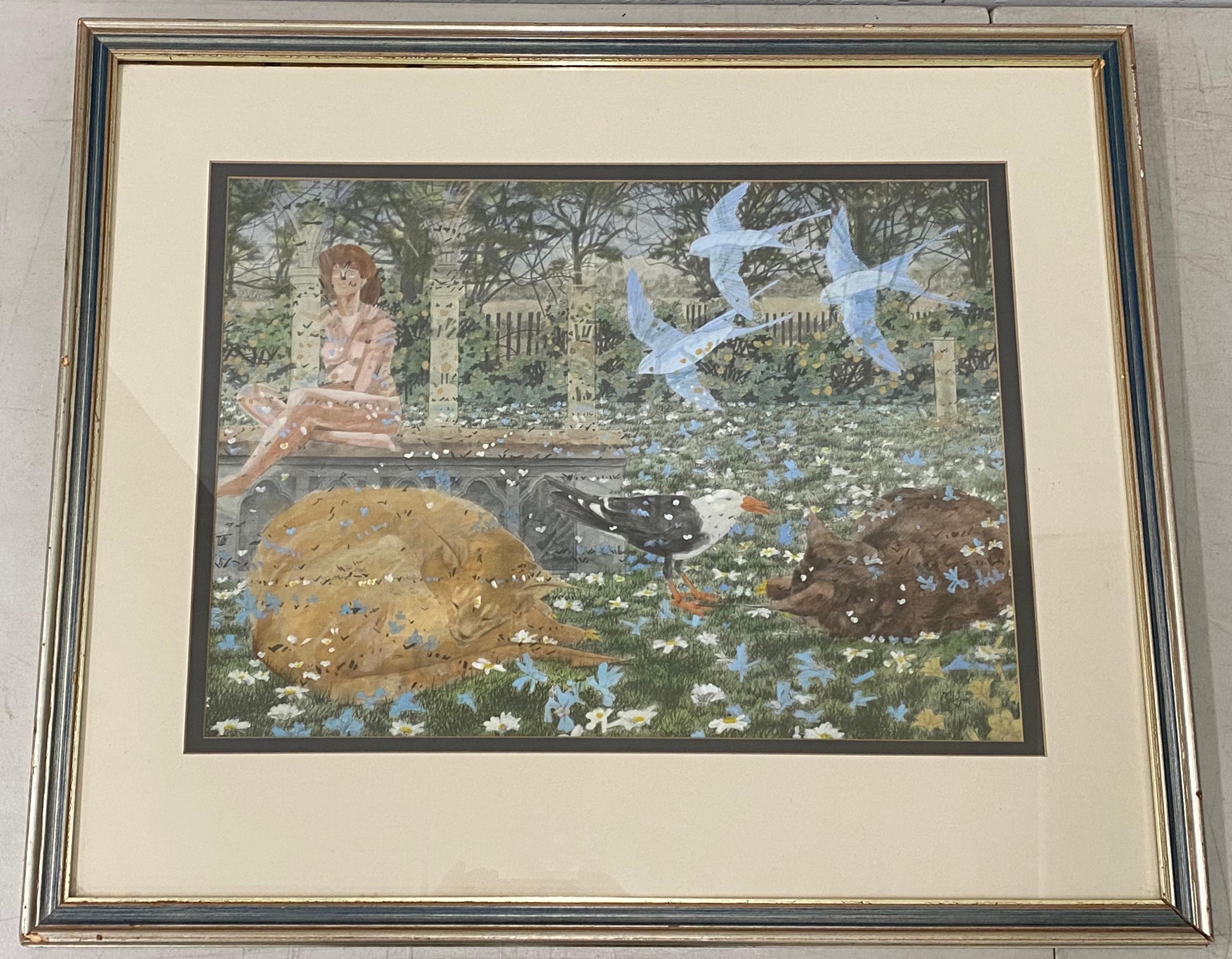 Vintage Day Dream Landscape With Nude, Cats & Birds by Morgan 20th C
