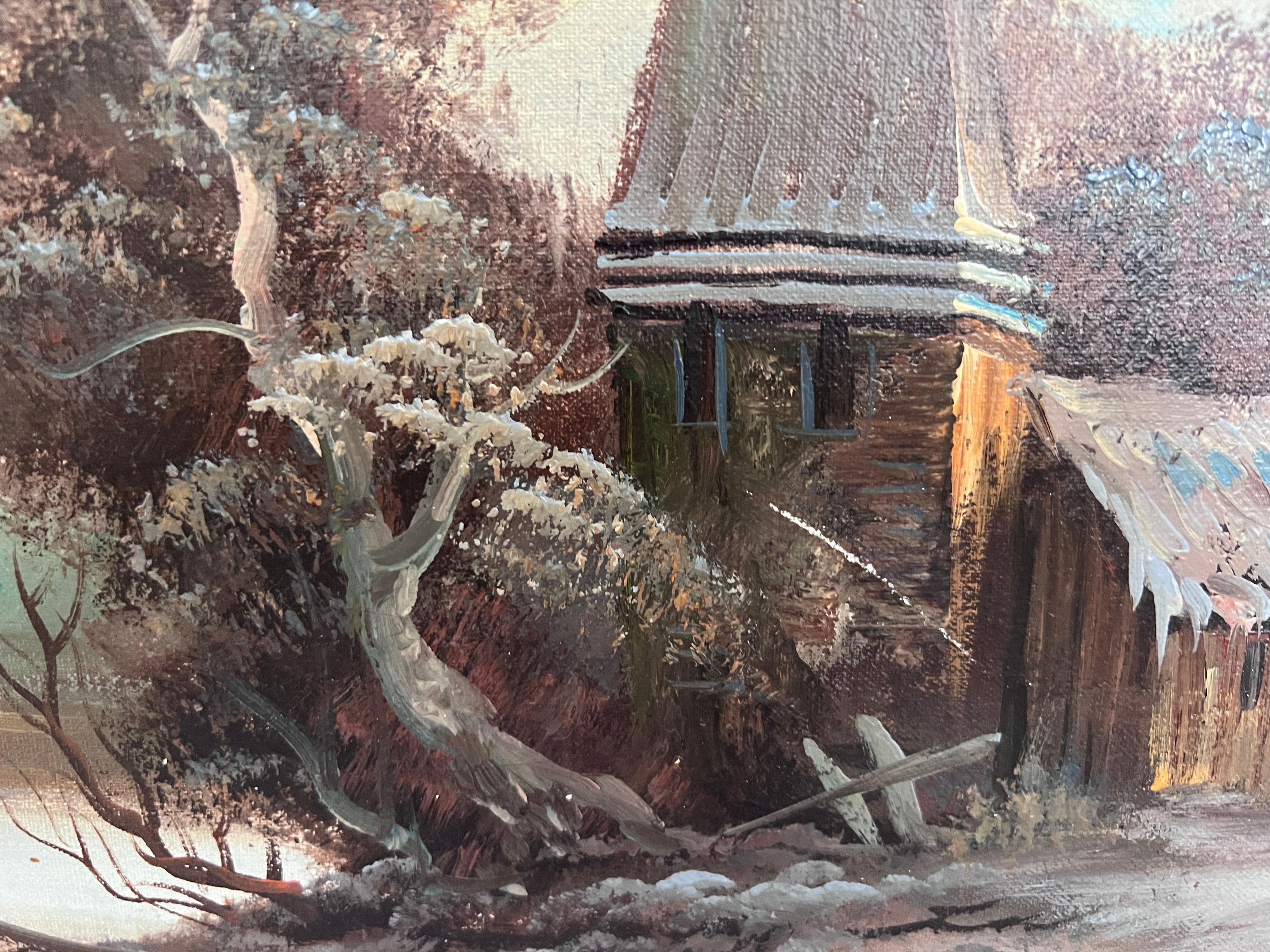 Vintage Dutch Style Winterlandschaft Ölgemälde - Signiert Martin - Leinwand im Angebot 6