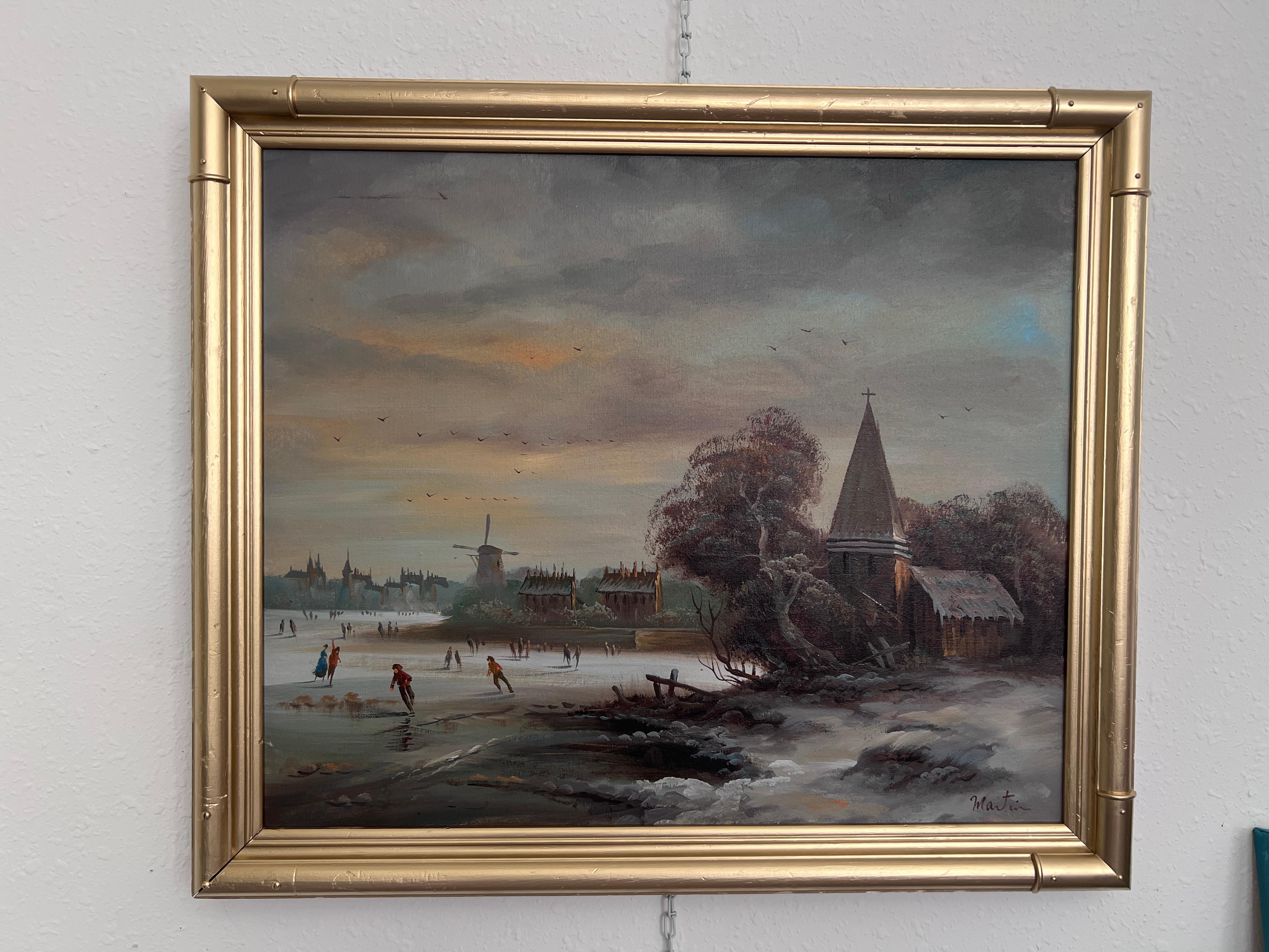 Vintage Dutch Style Winterlandschaft Ölgemälde - Signiert Martin - Leinwand – Painting von Unknown