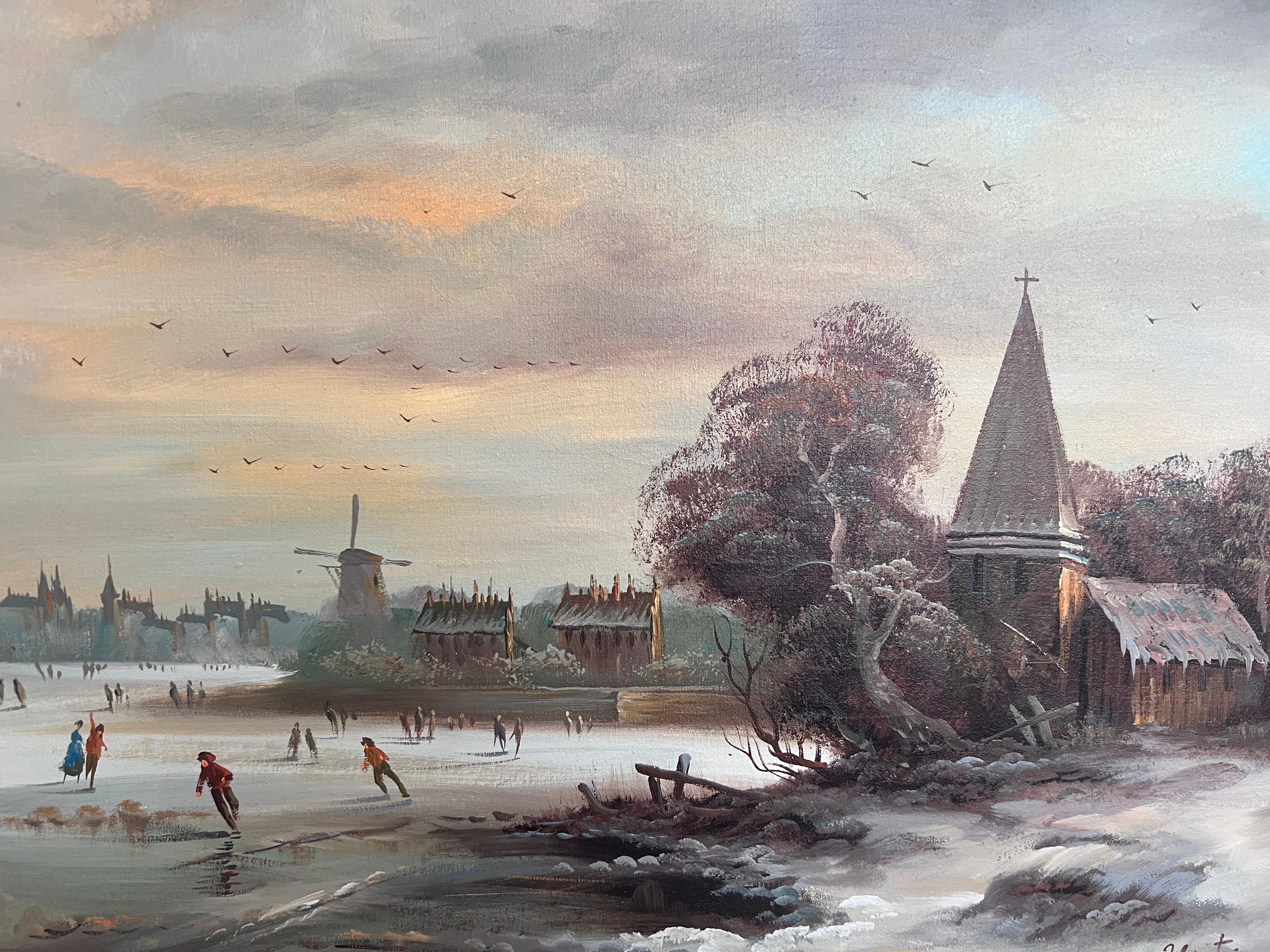 Vintage Dutch Style Winterlandschaft Ölgemälde - Signiert Martin - Leinwand (Impressionismus), Painting, von Unknown