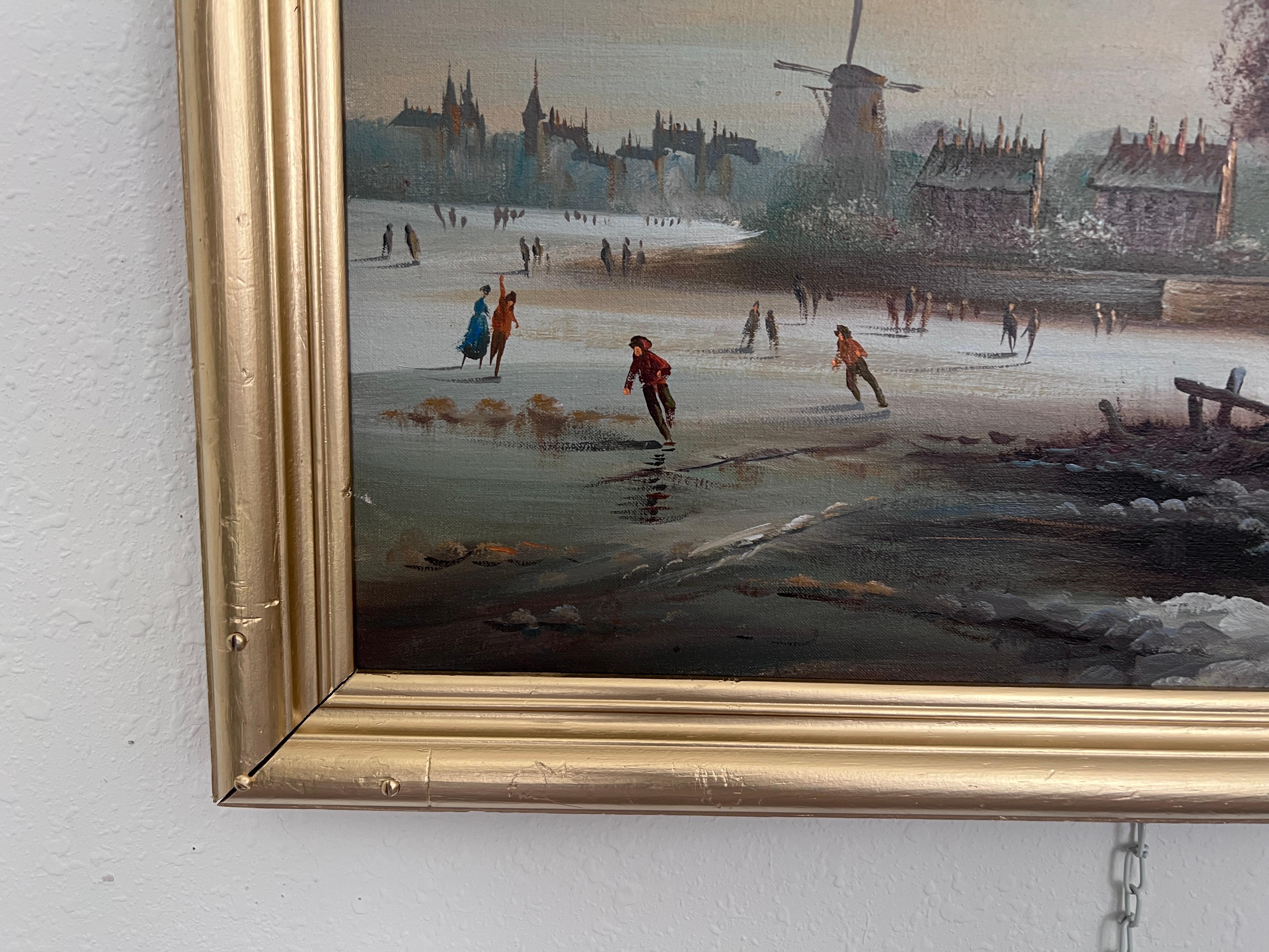 Vintage Dutch Style Winterlandschaft Ölgemälde - Signiert Martin - Leinwand (Grau), Landscape Painting, von Unknown