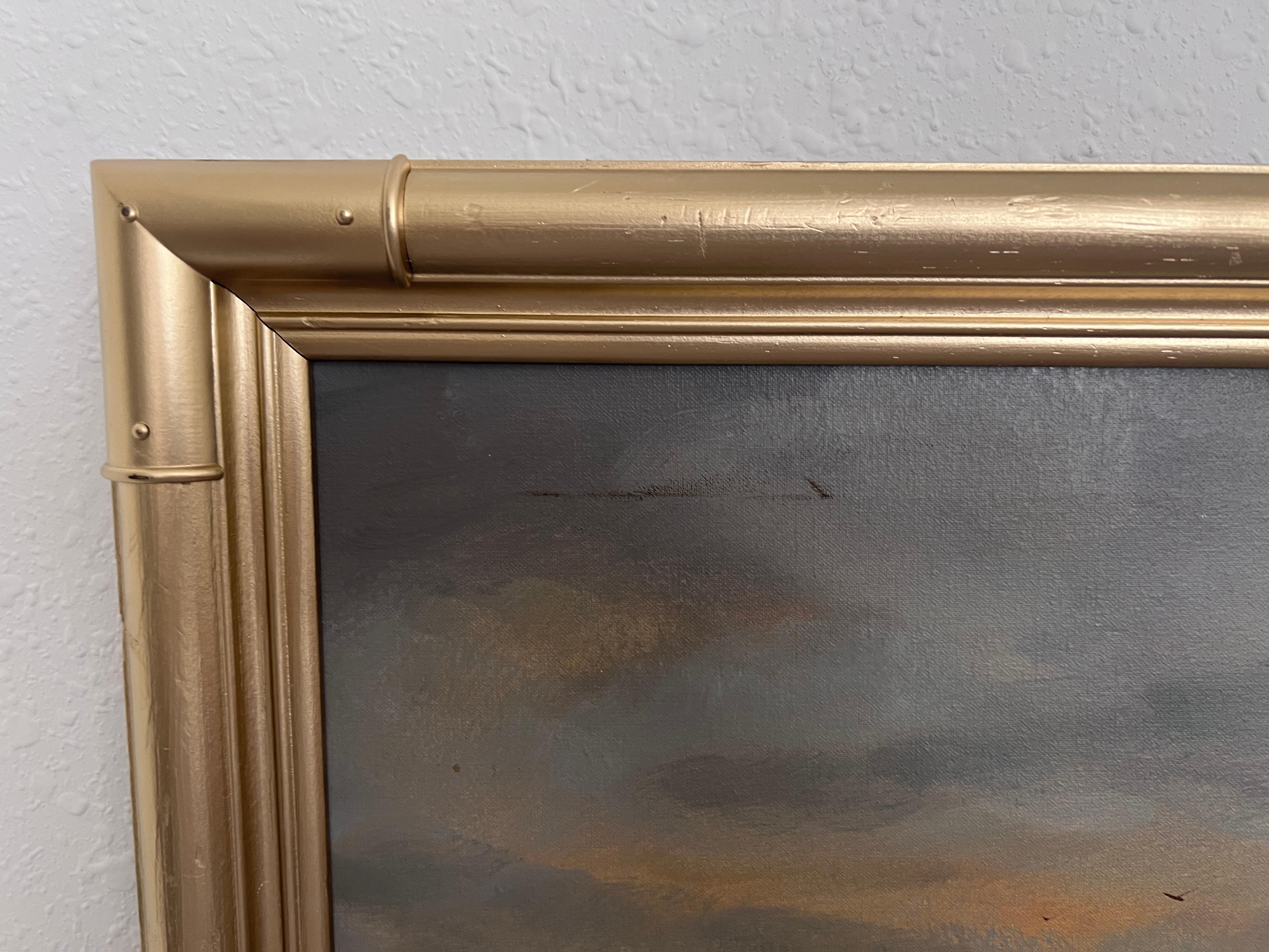 Dieses Original-Ölgemälde auf Leinwand ist ein wunderschönes Beispiel für eine Winterlandschaft im holländischen Stil, inspiriert vom Goldenen Zeitalter der Niederlande und dem romantischen Revival des 19.

Die Komposition, rechts unten mit 