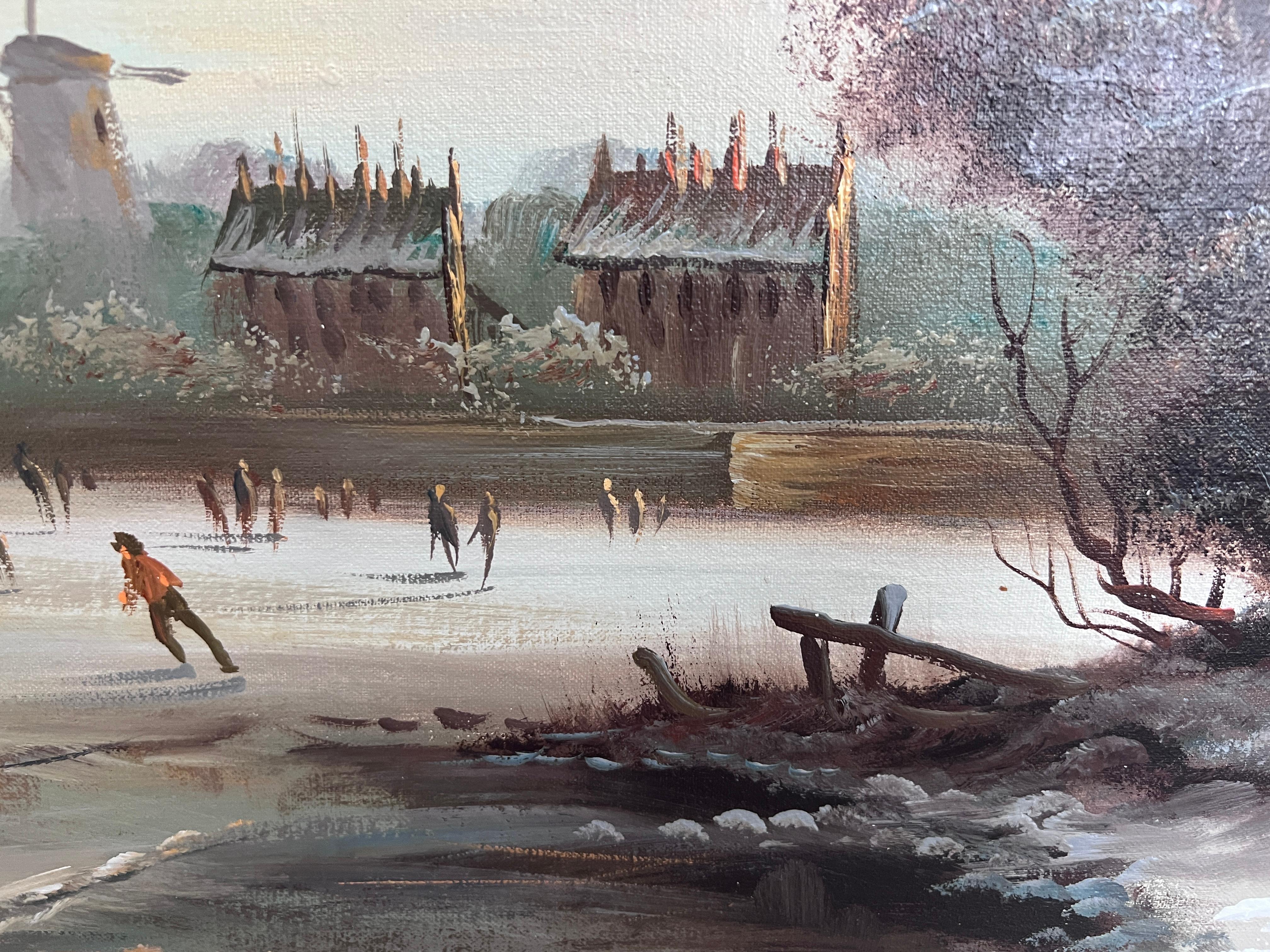 Vintage Dutch Style Winterlandschaft Ölgemälde - Signiert Martin - Leinwand im Angebot 4