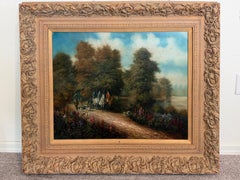 Vintage English Hunting Scene Oil Painting Horses Hounds Equestrian Sporting Art