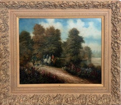 Vintage English Hunting Scene Oil Painting Horses Hounds Equestrian Sporting Art