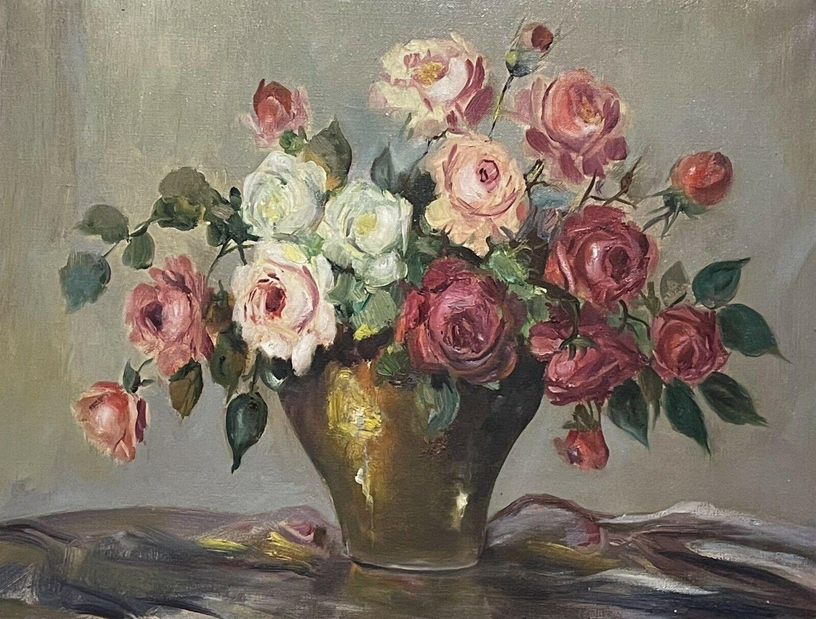 VINTAGE ENGLISH STILL LIFE OIL PAINTING - ROSES IN VASE - ORIGINAL SHABBY CHIC - Painting by Unknown