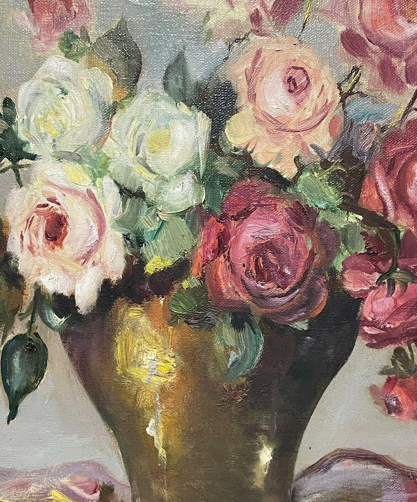 VINTAGE ENGLISH STILL LIFE OIL PAINTING - ROSES IN VASE - ORIGINAL SHABBY CHIC - Impressionist Painting by Unknown