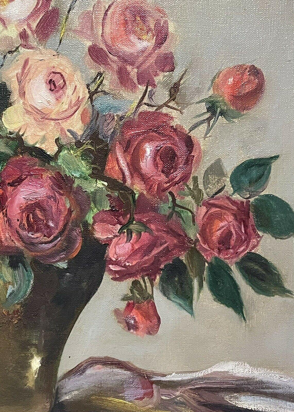 VINTAGE ENGLISH STILL LIFE OIL PAINTING - ROSES IN VASE - ORIGINAL SHABBY CHIC - Brown Still-Life Painting by Unknown