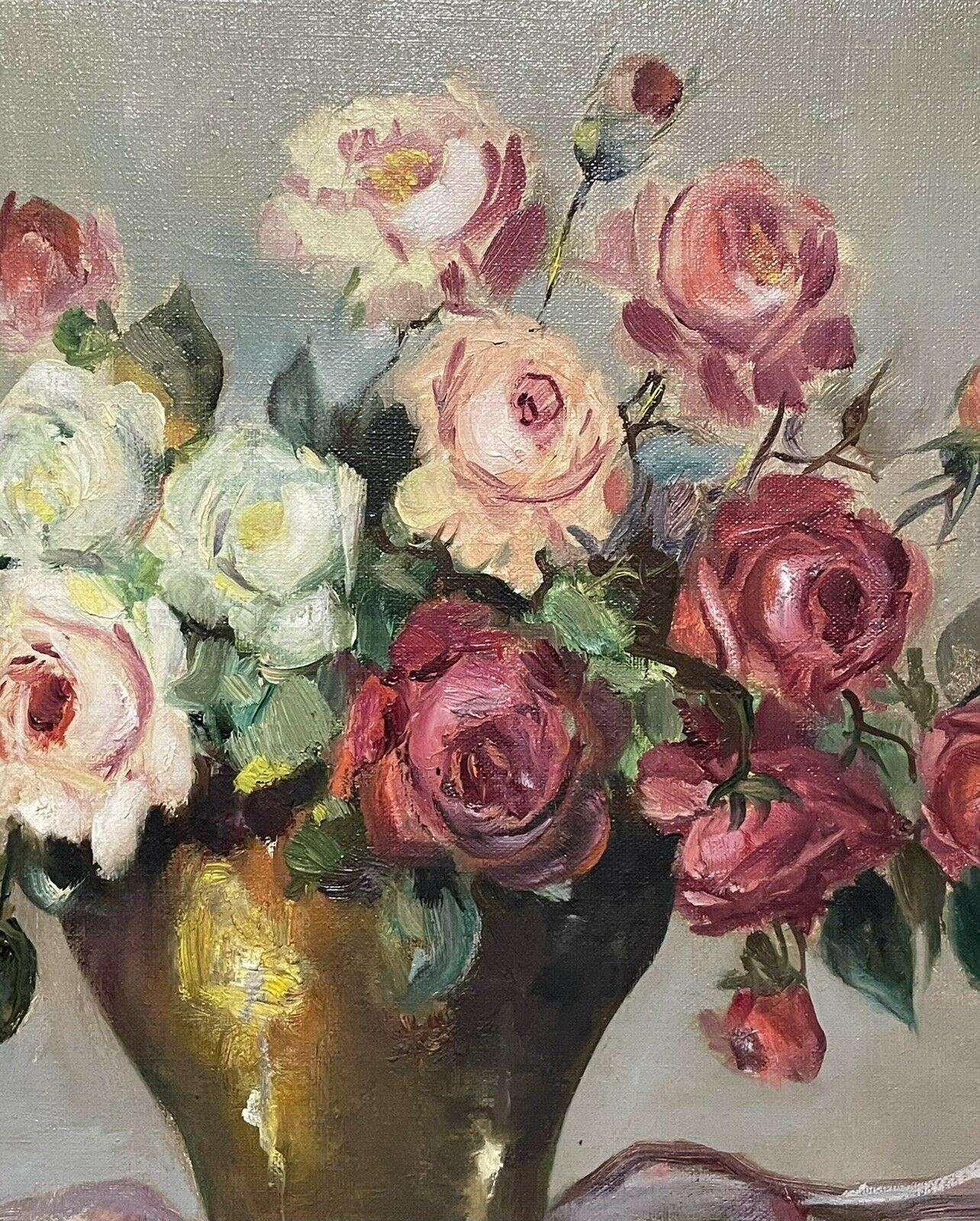 Artist/ School: English School, circa 1960's

Title: Still Life of Roses in Vase

Medium: oil painting on canvas, framed

Size:  painting: 14 x 18 inches, frame: 19.5 x 23.5 inches

Provenance: private collection, Somerset, England

Condition: The