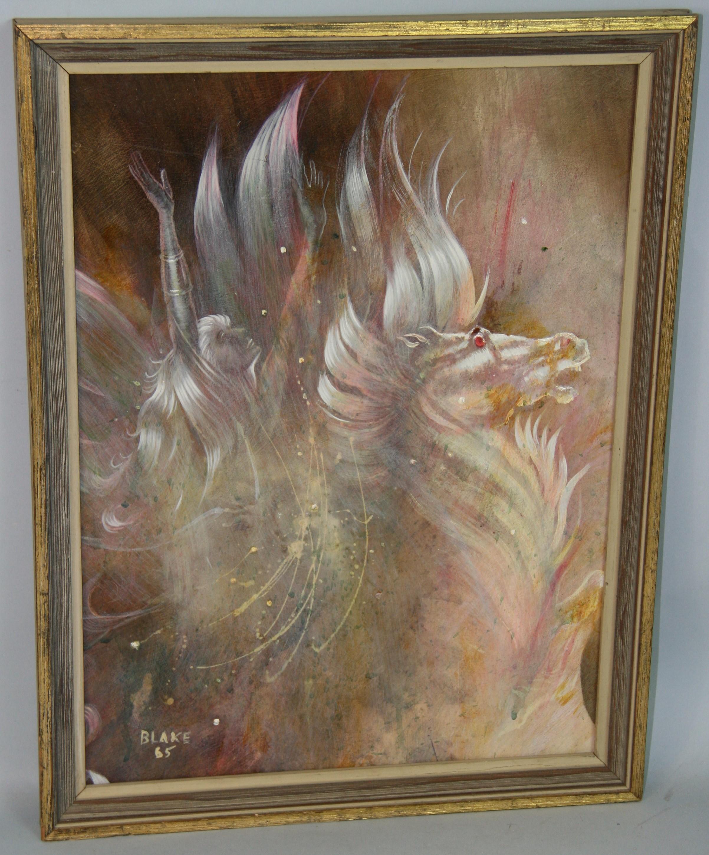 Vintage Equestrian American Mystical Abstract Ölgemälde Frau reitet ein Pferd – Painting von Unknown