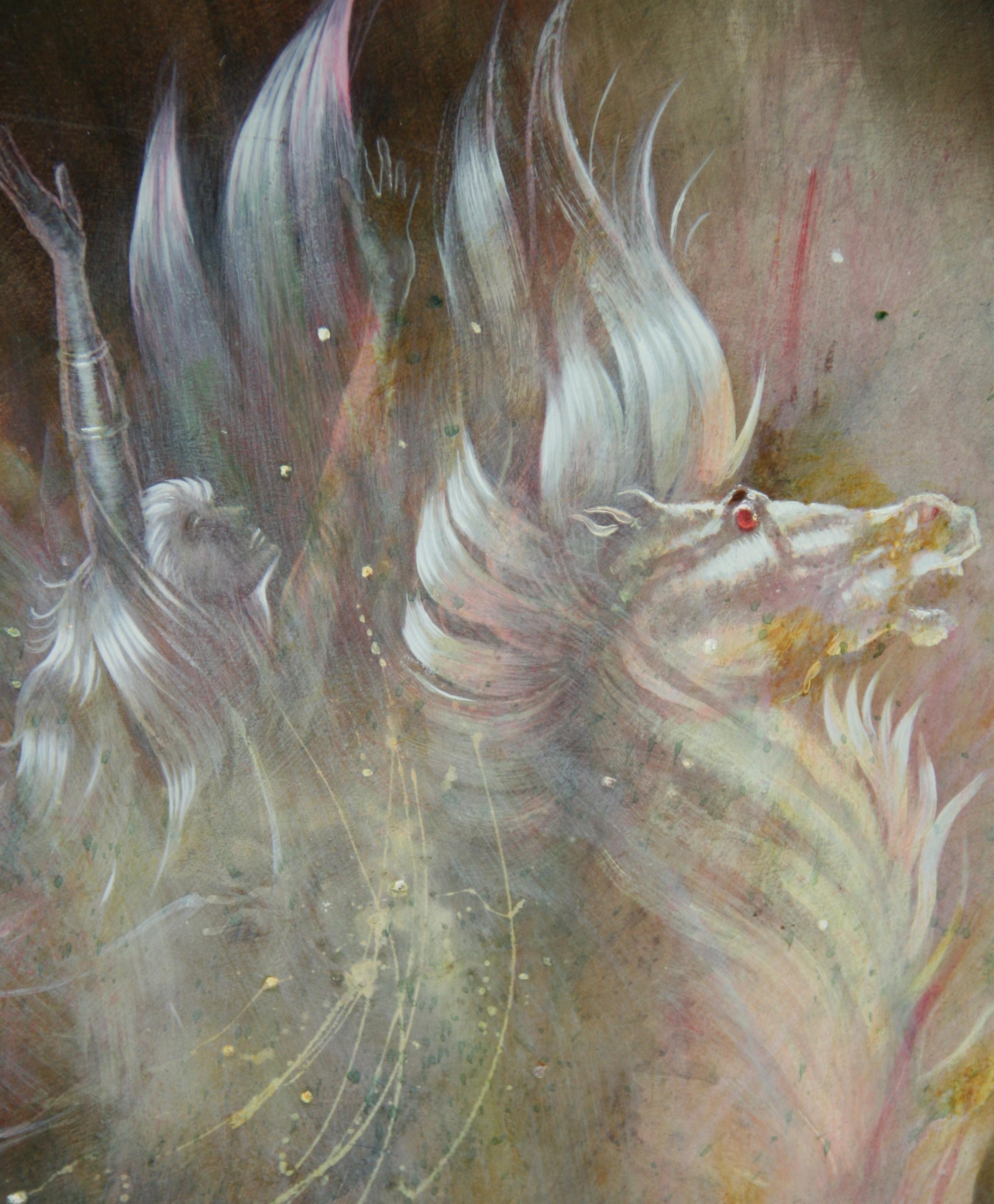 Vintage Equestrian American Mystical Abstract Ölgemälde Frau reitet ein Pferd (Grau), Animal Painting, von Unknown