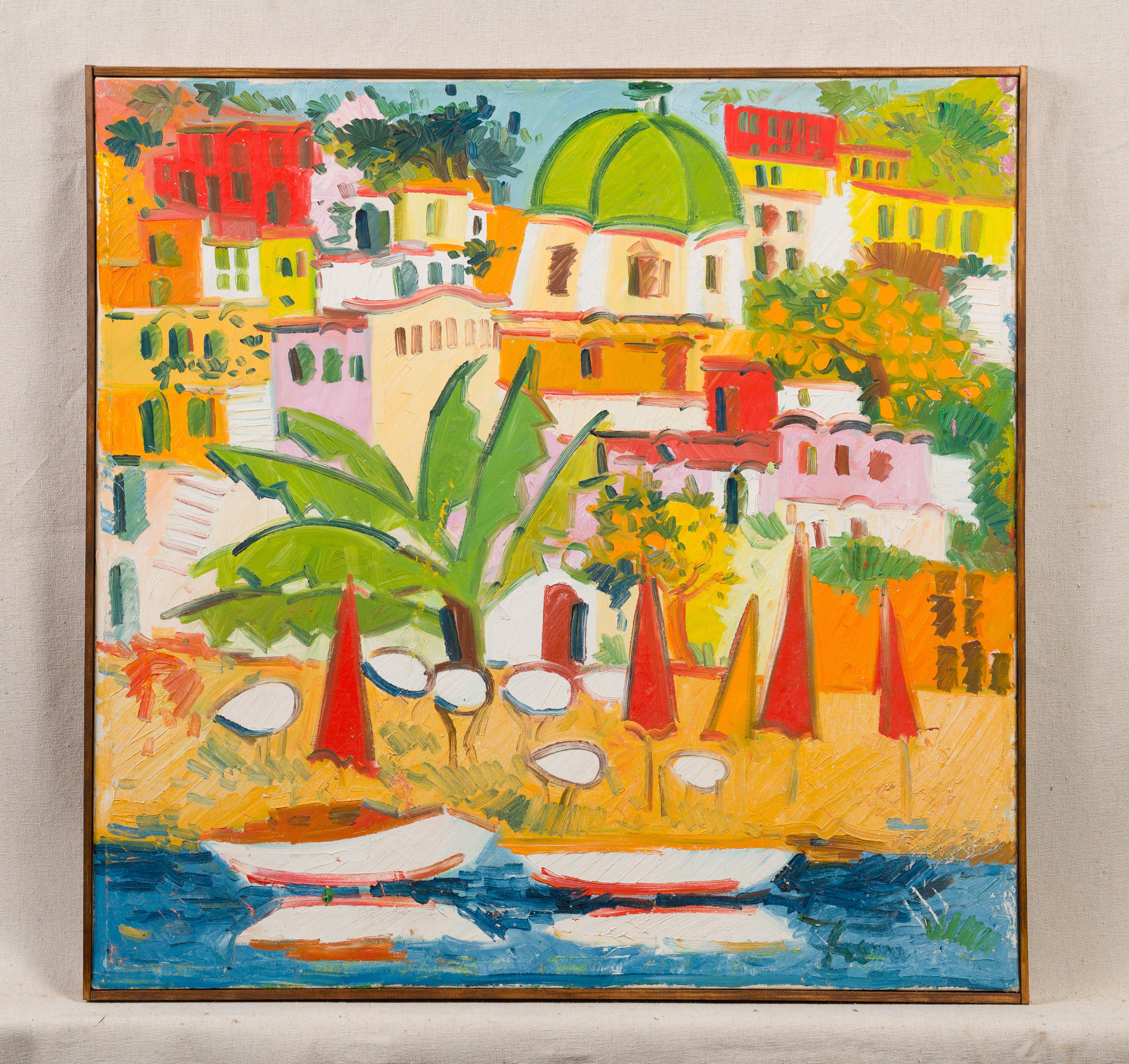 Vintage European Coastal Cityscape Mediterranean Framed Oil Painting For Sale 1