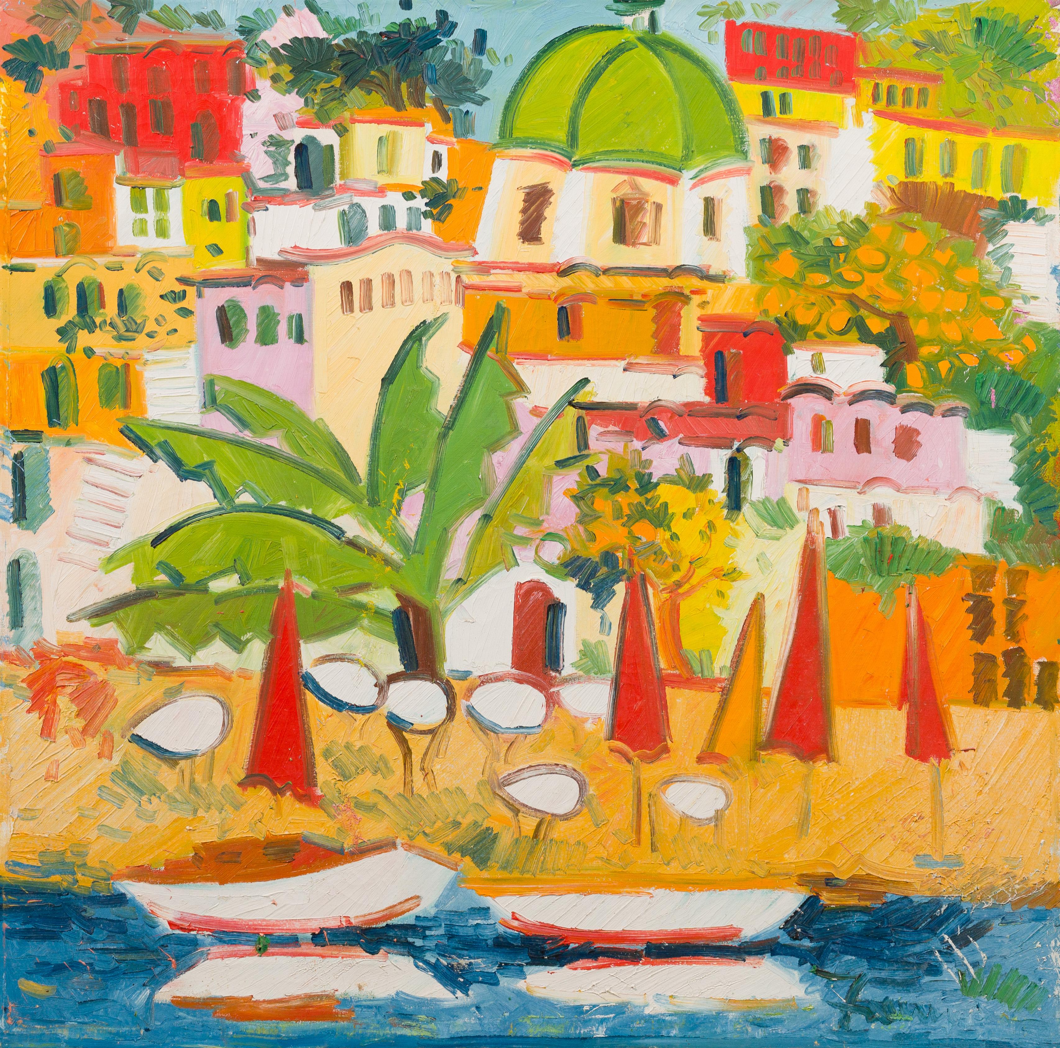 Vintage European Coastal Cityscape Mediterranean Framed Oil Painting For Sale 2