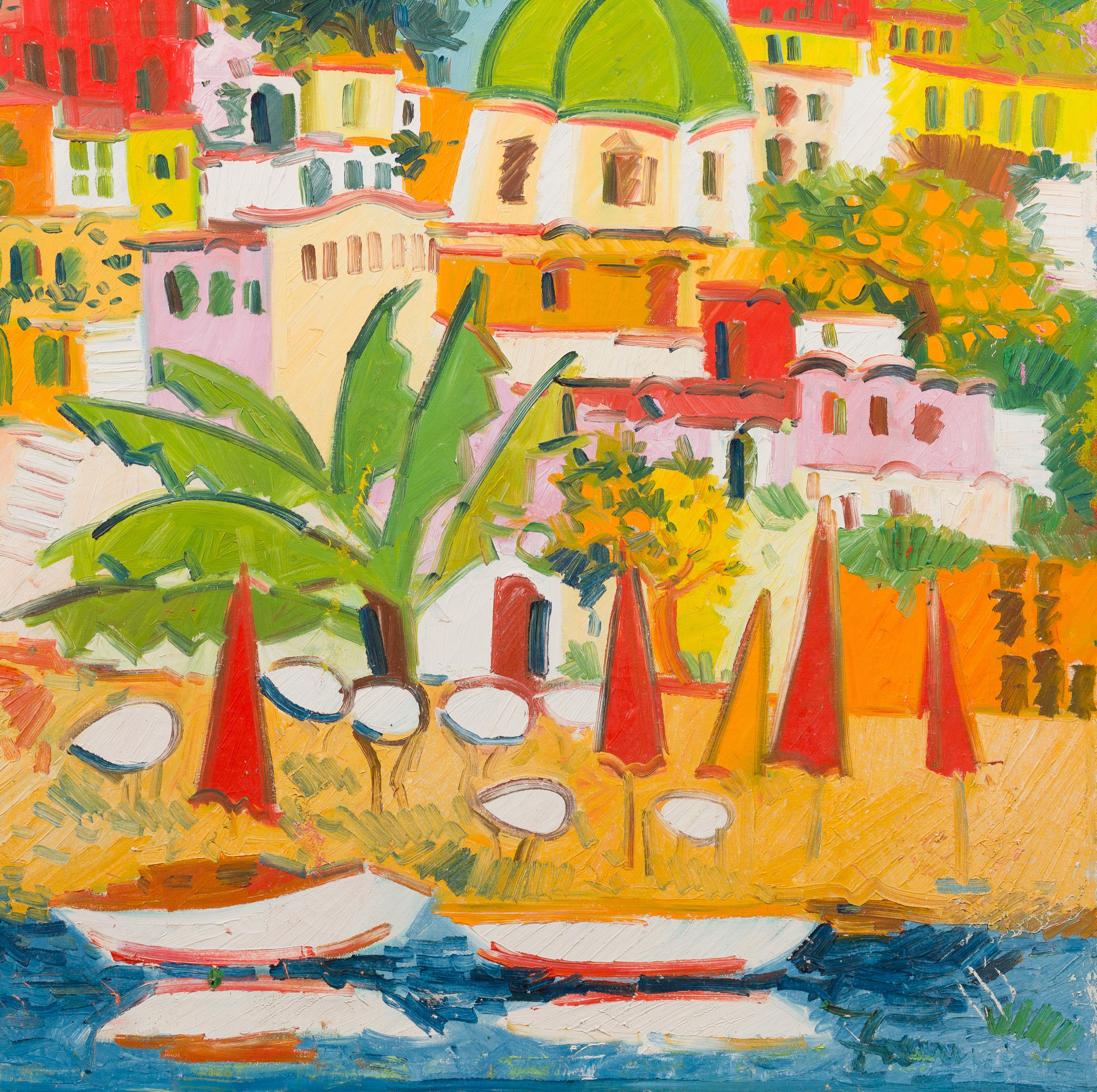 Vintage European Coastal Cityscape Mediterranean Framed Oil Painting For Sale 3