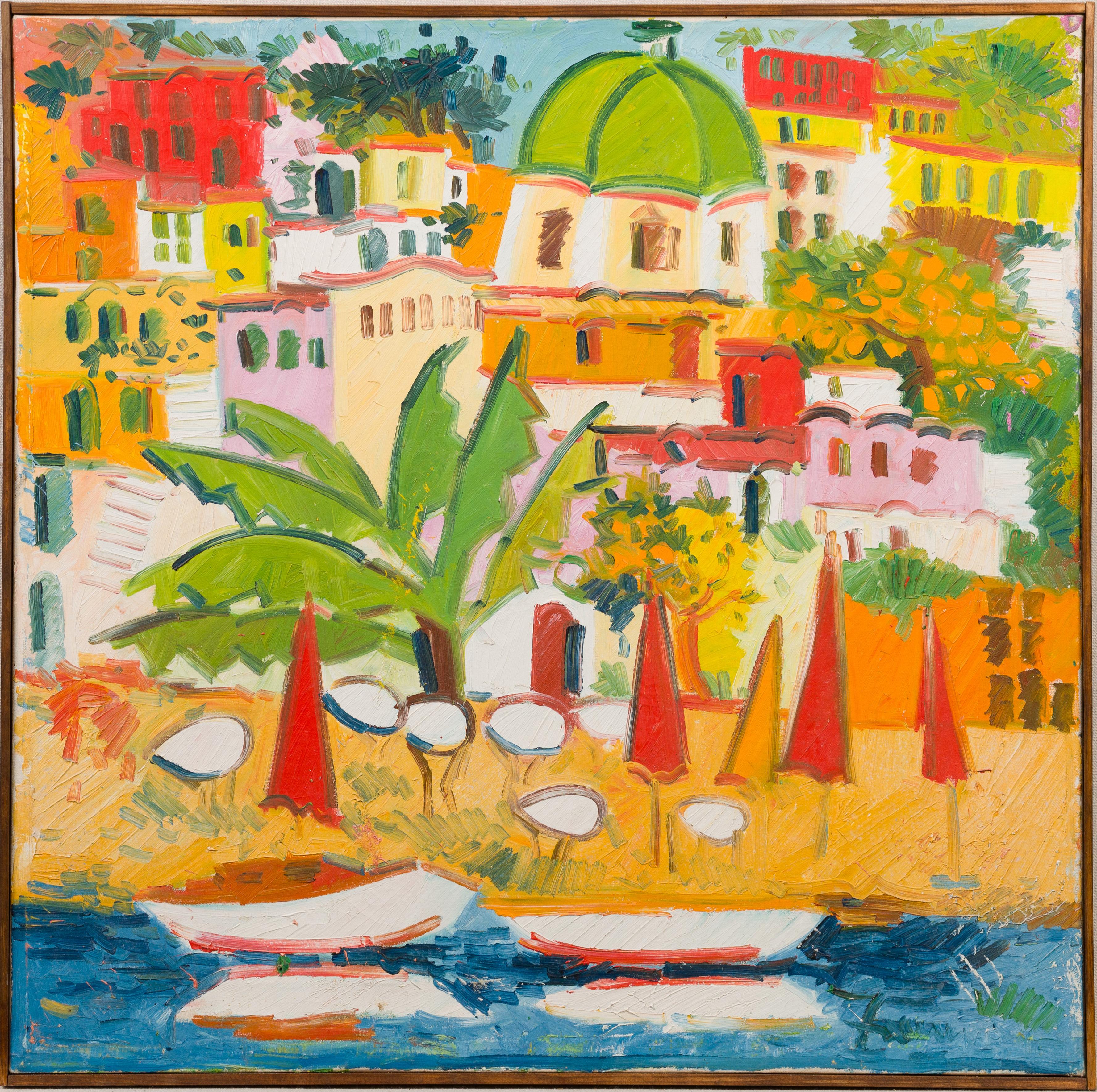 Unknown Abstract Painting - Vintage European Coastal Cityscape Mediterranean Framed Oil Painting