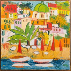 Vintage European Coastal Cityscape Mediterranean Framed Oil Painting