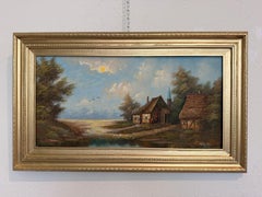 Vintage European Coastal Village Oil Painting Signed Dated 1961 Framed Landscape