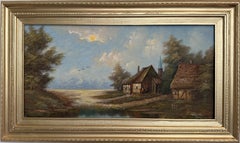 Vintage European Coastal Village Oil Painting Signed Dated 1961 Framed Landscape