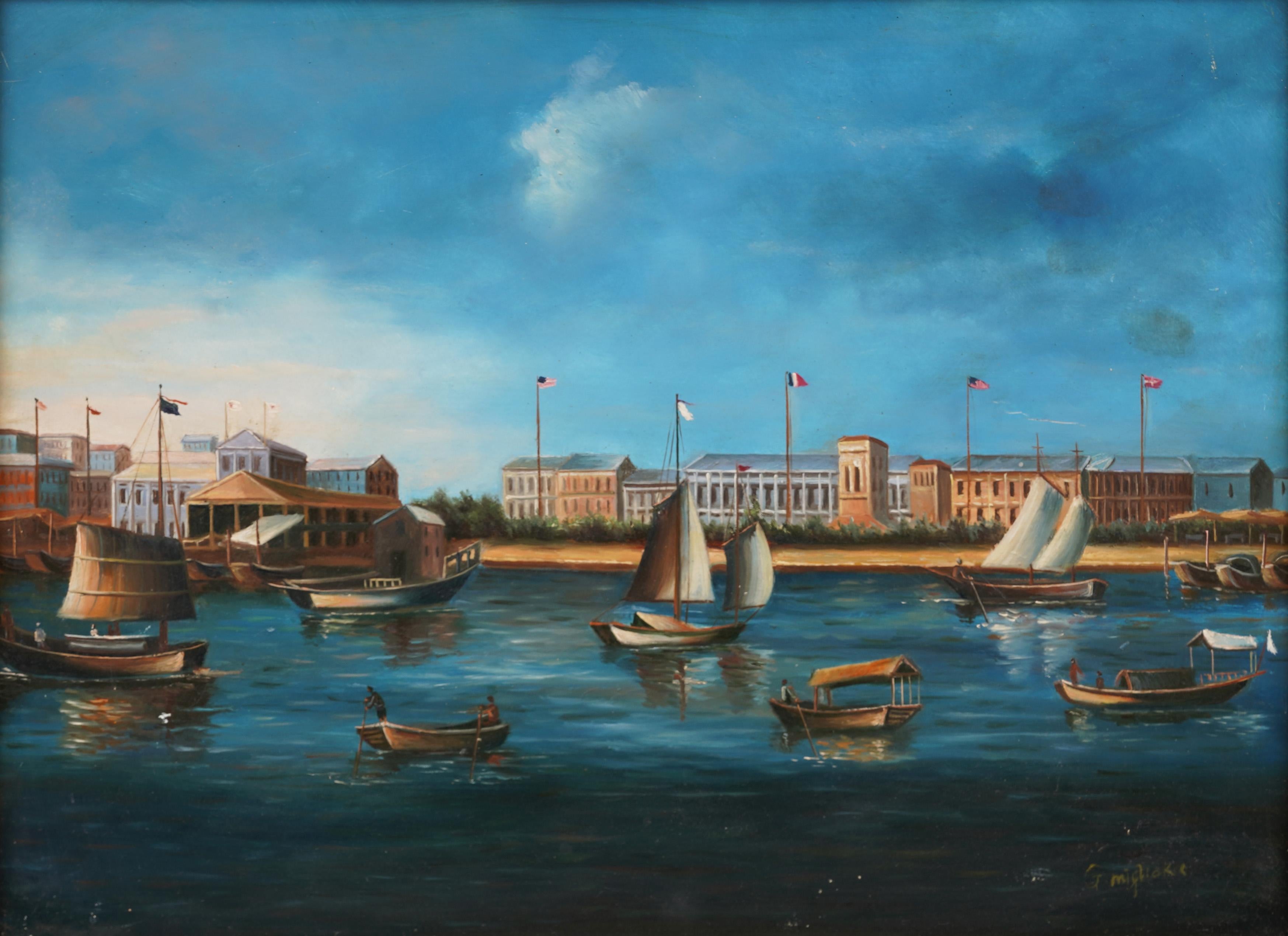 Vintage European Harbor Framed Original Signed Seascape Venice Oil Painting For Sale 1