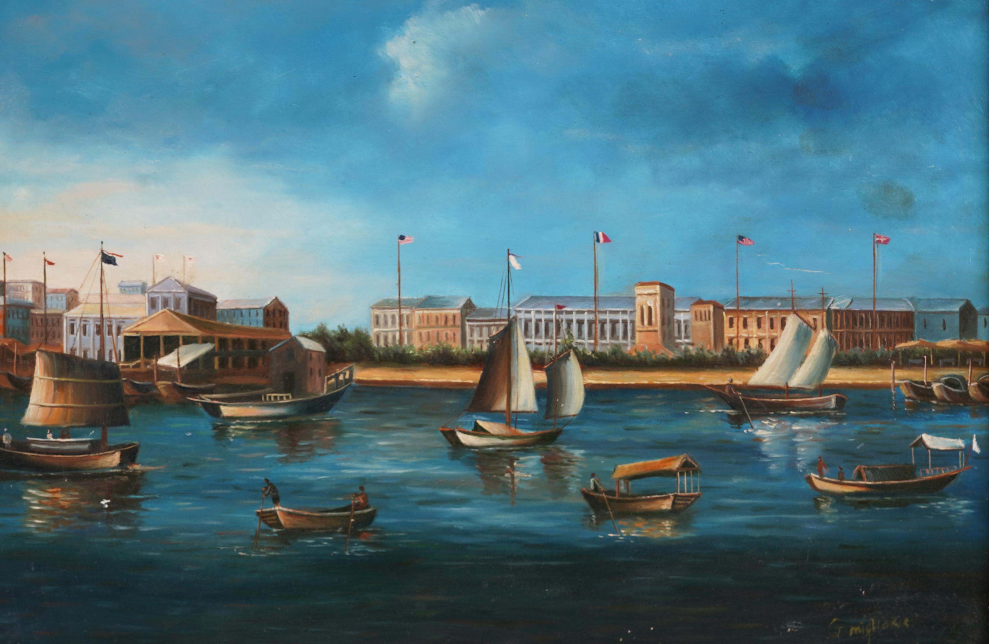 Vintage European Harbor Framed Original Signed Seascape Venice Oil Painting For Sale 2