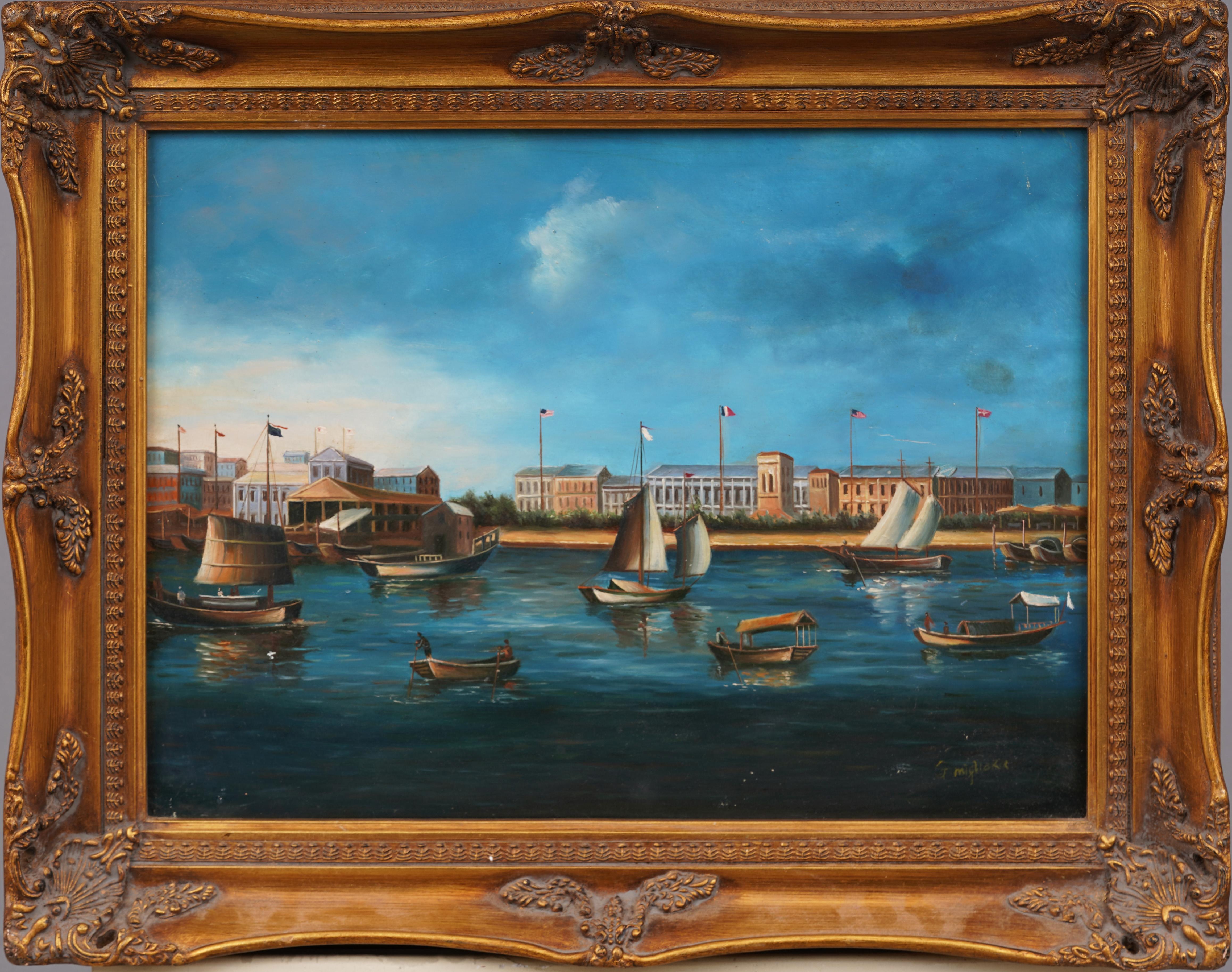 Vintage European Harbor Framed Original Signed Seascape Venice Oil Painting
