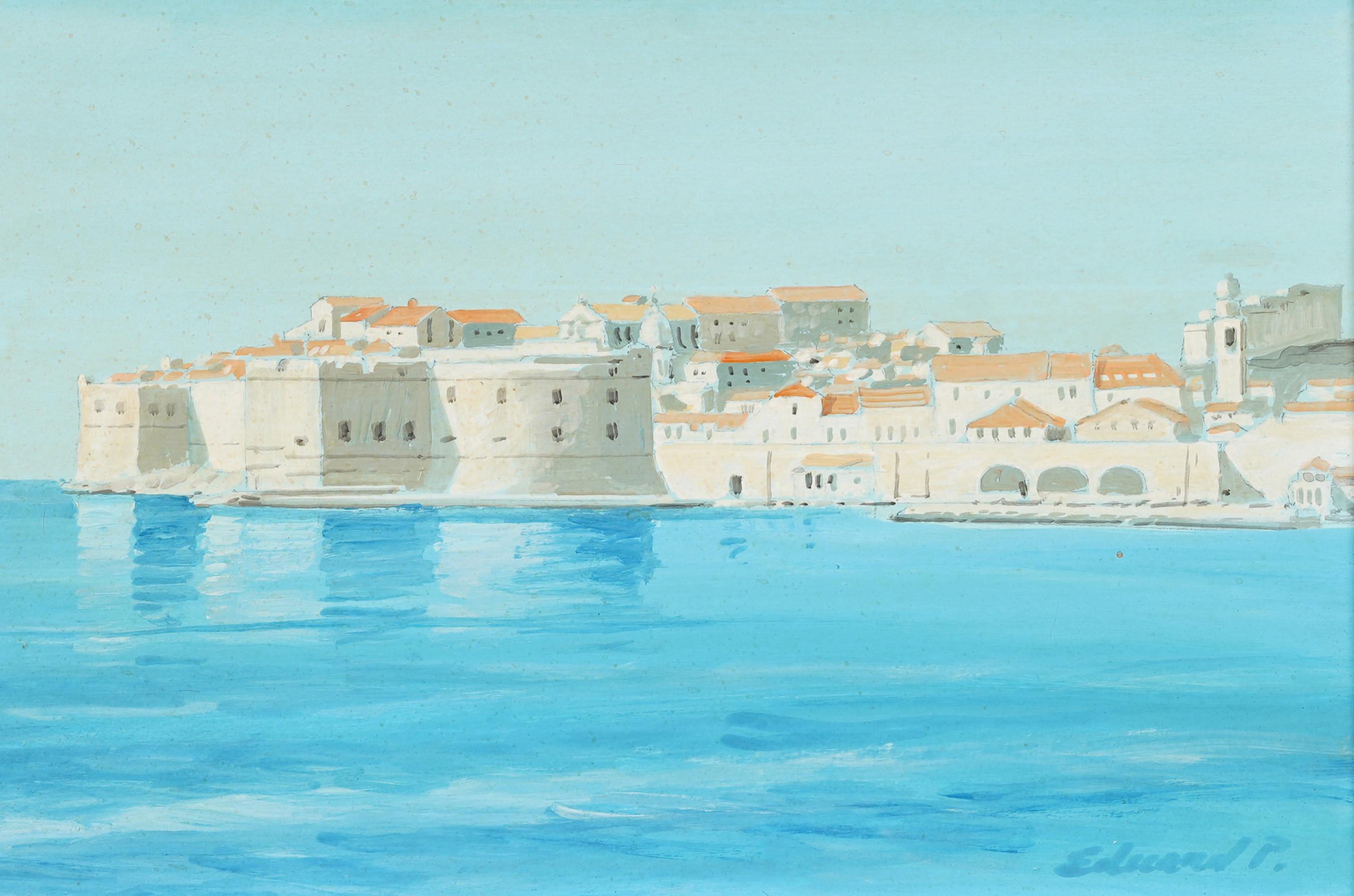 Vintage Impressionista Europeo Paesaggio marino costiero Mediterraneo Townes Pittura - Landscape Painting Beige di Unknown