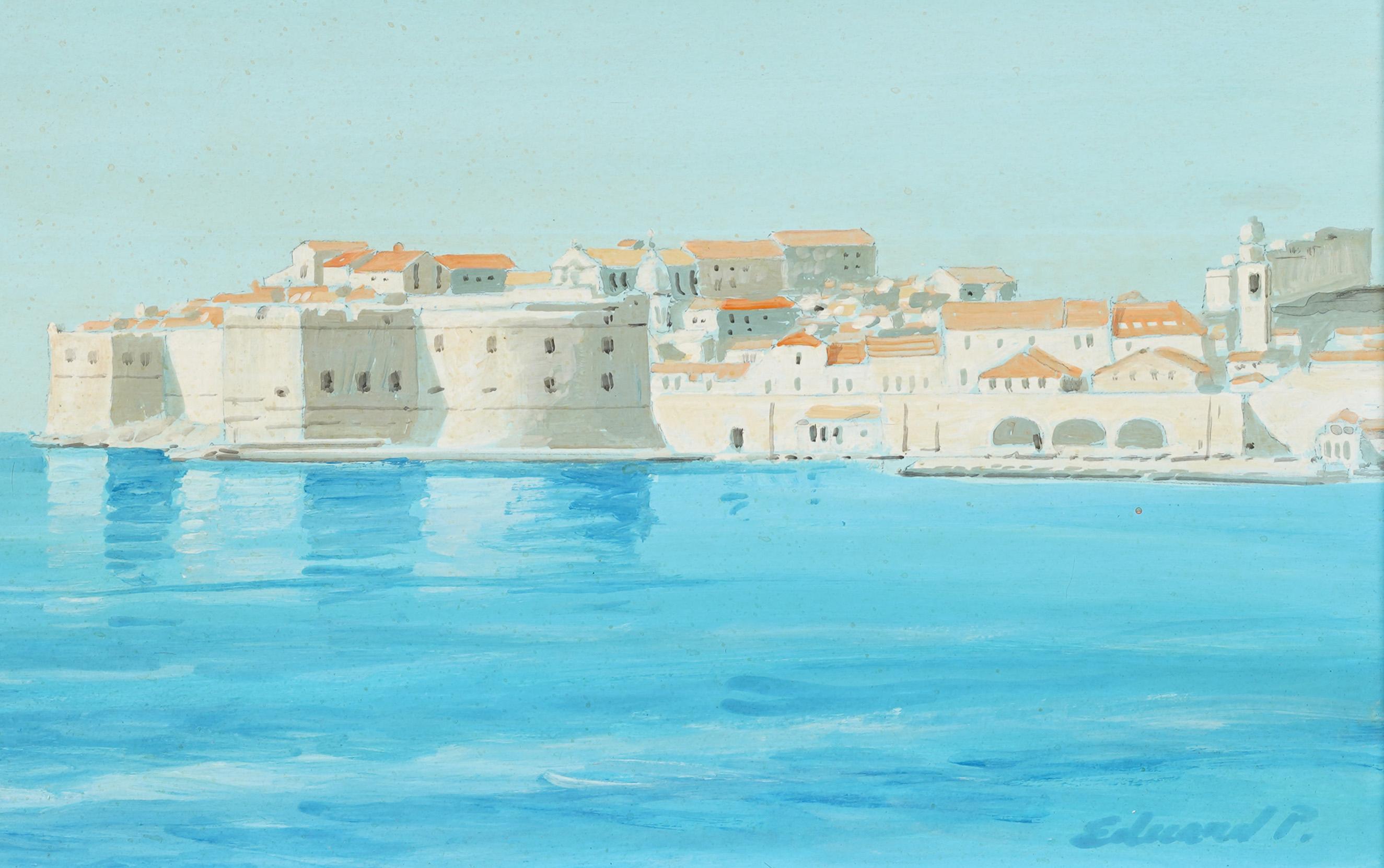 Dipinto a olio d'epoca impressionista di una città costiera. Olio su tavola.   Incorniciato. Firmato.  In eccellenti condizioni originali. Incorniciato in una splendida cornice di  modanature in legno.  In condizioni eccellenti, pronto per essere