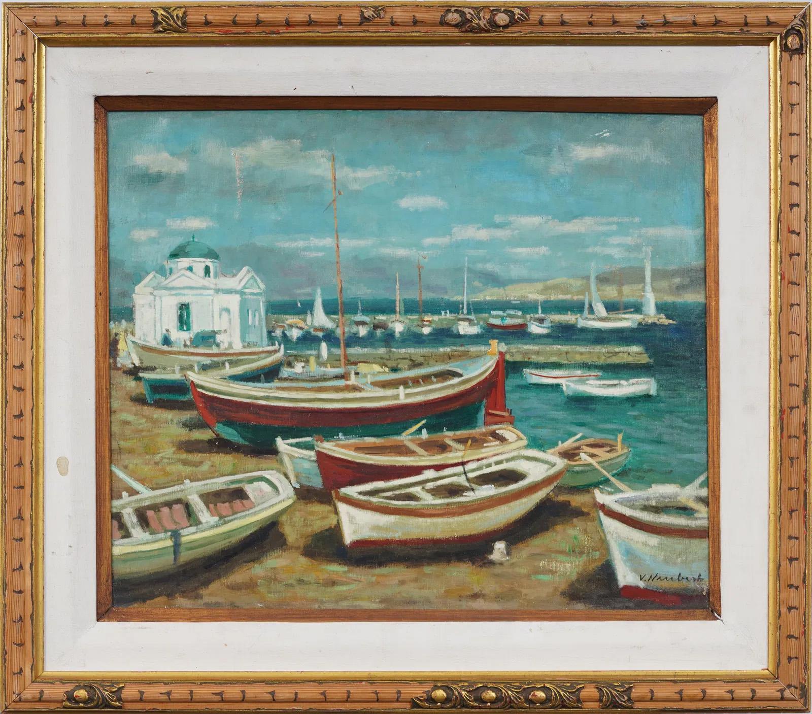 Vintage European Impressionist Seascape Greek Fishing Harbor Signed Painting - Gris Landscape Painting par Unknown