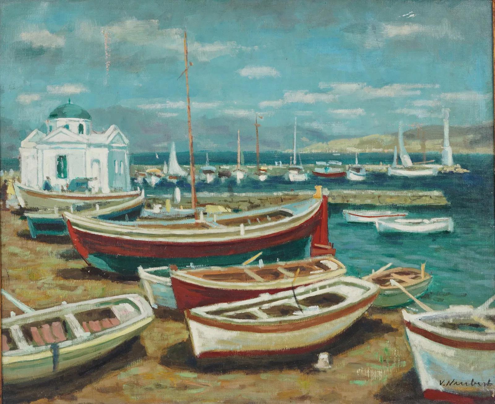 Vintage European Impressionist Seascape Greek Fishing Harbor Signed Painting en vente 1