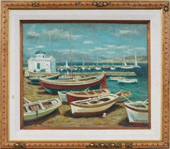 Vintage European Impressionist Seascape Greek Fishing Harbor Signed Painting