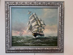Vintage European Marine Original Oil Painting Tall Ship Seascape Signed Framed
