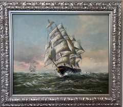 Vintage European Marine Original Oil Painting Tall Ship Seascape Signed Framed