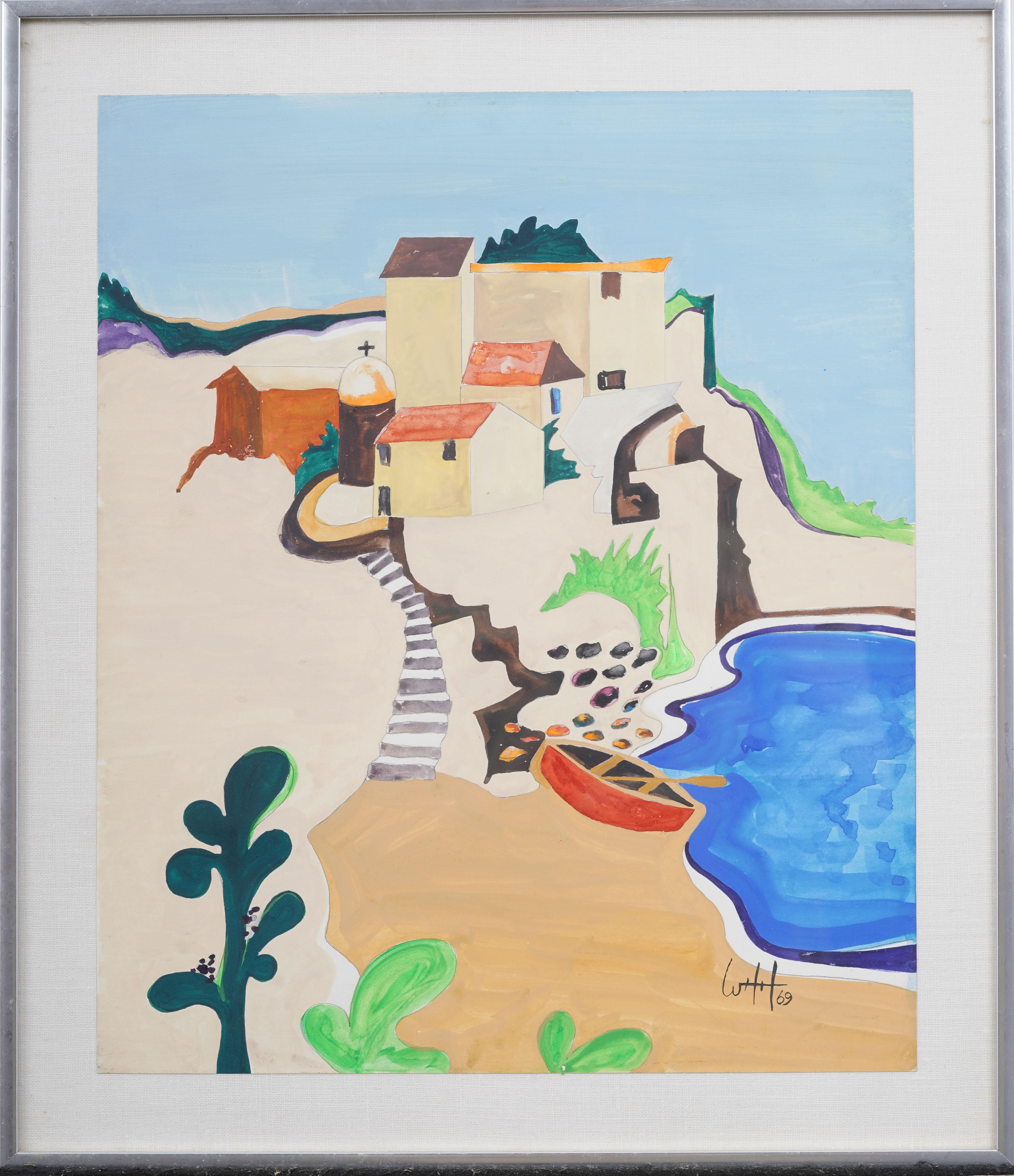 Vintage European Modernist Signed 1969 Landscape Coastal Signed Framed Painting - Gray Abstract Painting by Unknown