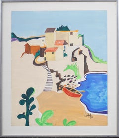 Vintage European Modernist Signed 1969 Landscape Coastal Signed Framed Painting