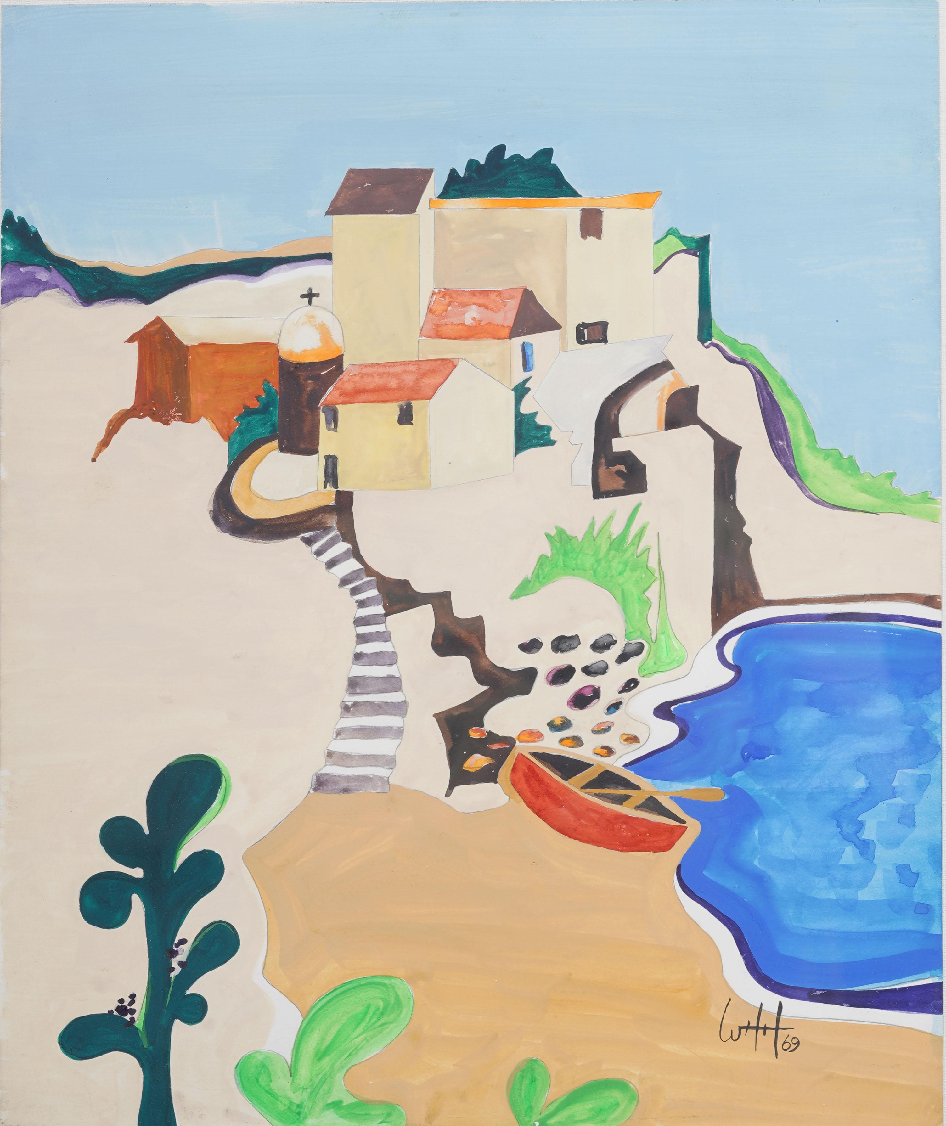 Vintage American modernist coastal seascape  painting. Mixed media on board. Framed. Measuring: 17 by 20 inches overall.   Excellent condition, ready to hang and enjoy. 