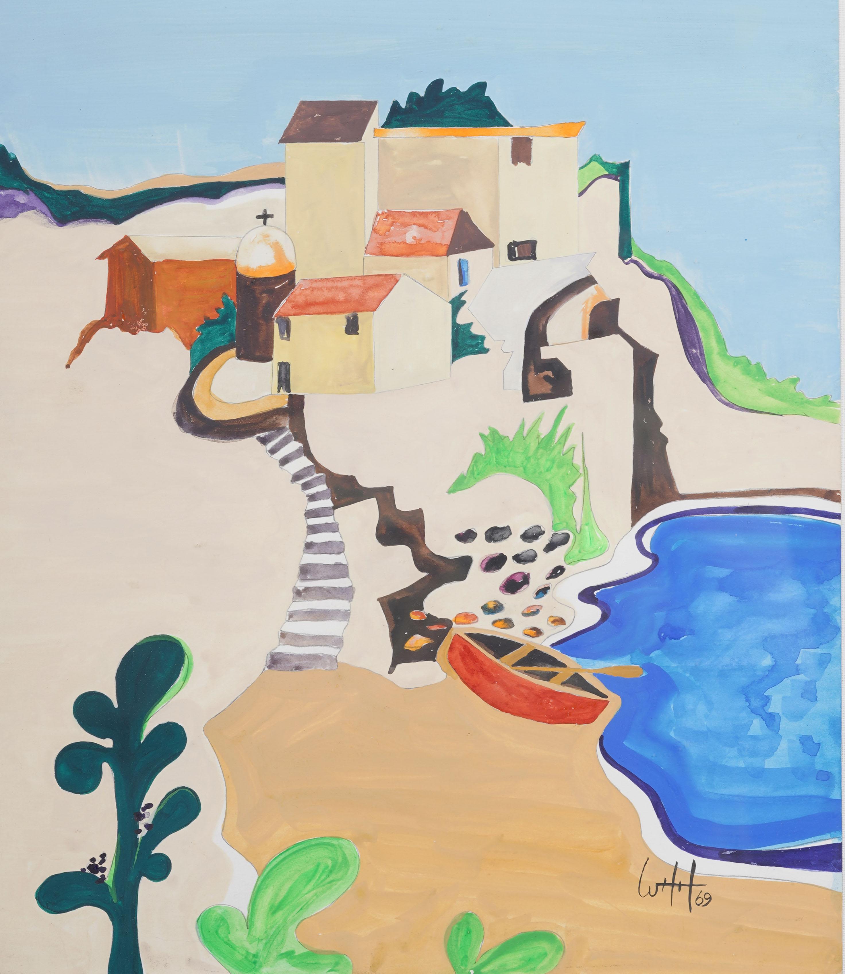Vintage European Modernist Signed 1969 Landscape Coastal Signed Framed Painting For Sale 1