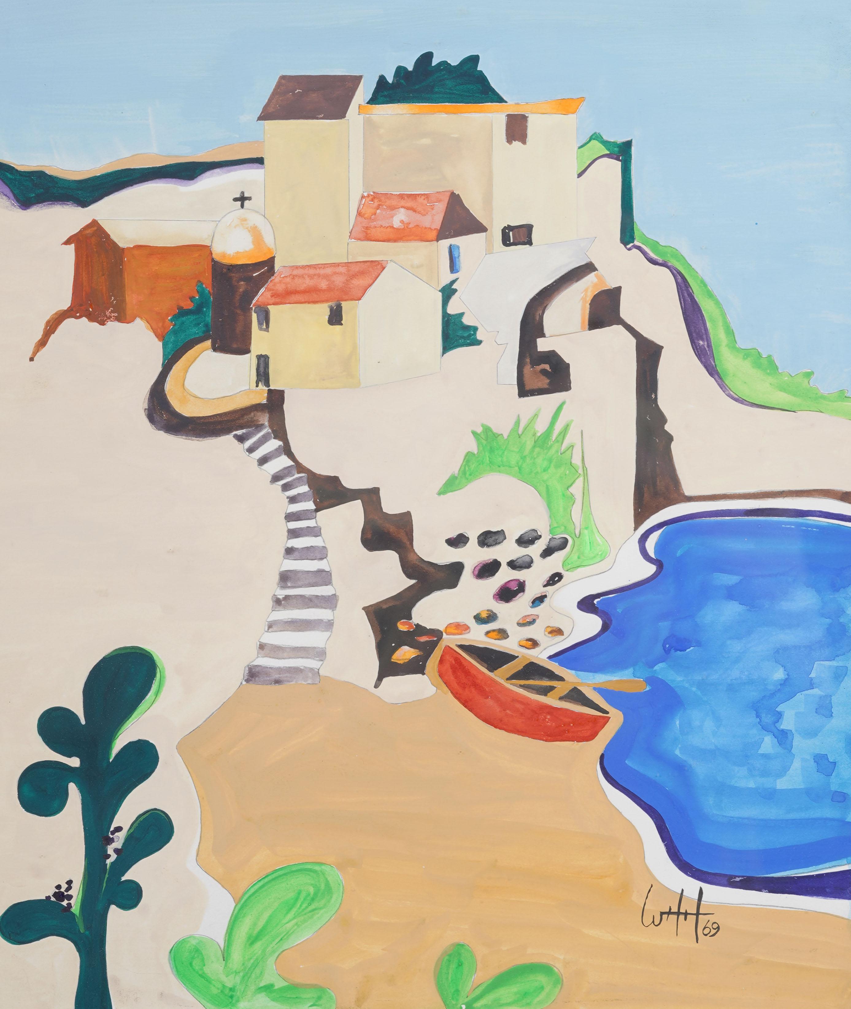 Vintage European Modernist Signed 1969 Landscape Coastal Signed Framed Painting For Sale 2