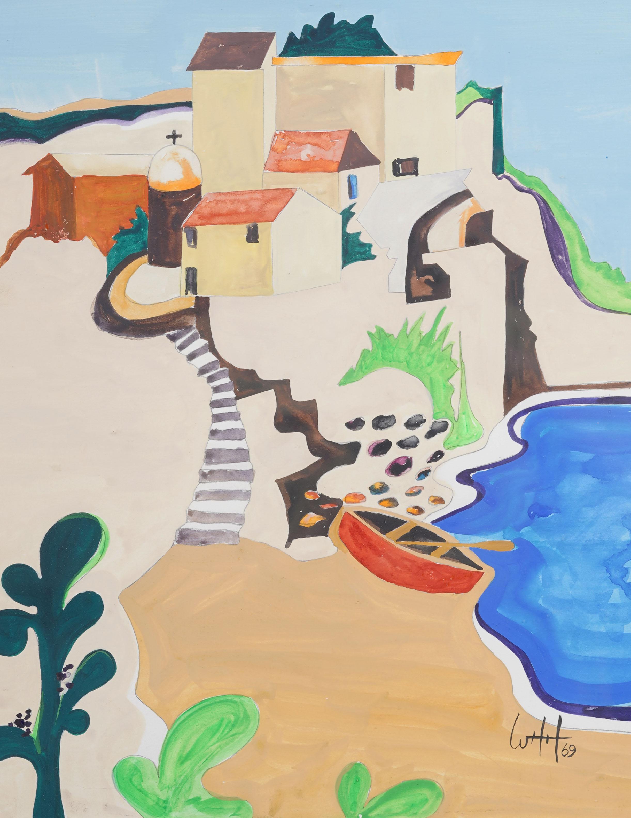 Vintage European Modernist Signed 1969 Landscape Coastal Signed Framed Painting For Sale 3