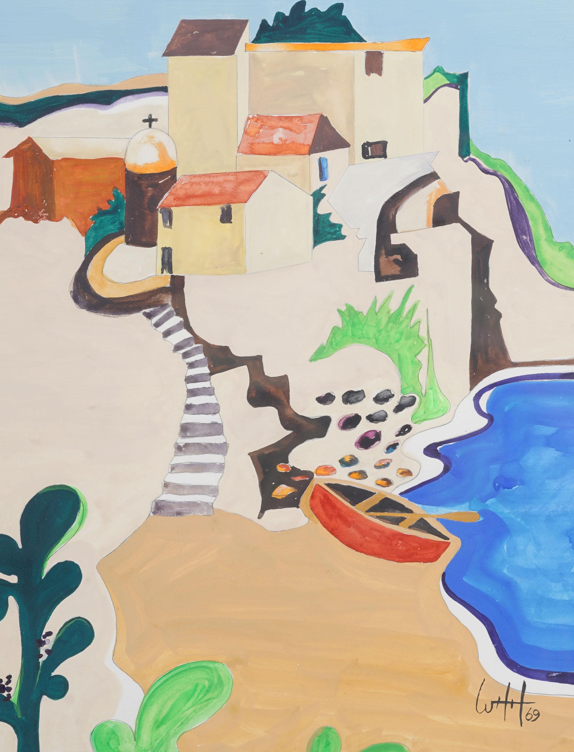 Vintage European Modernist Signed 1969 Landscape Coastal Signed Framed Painting For Sale 4