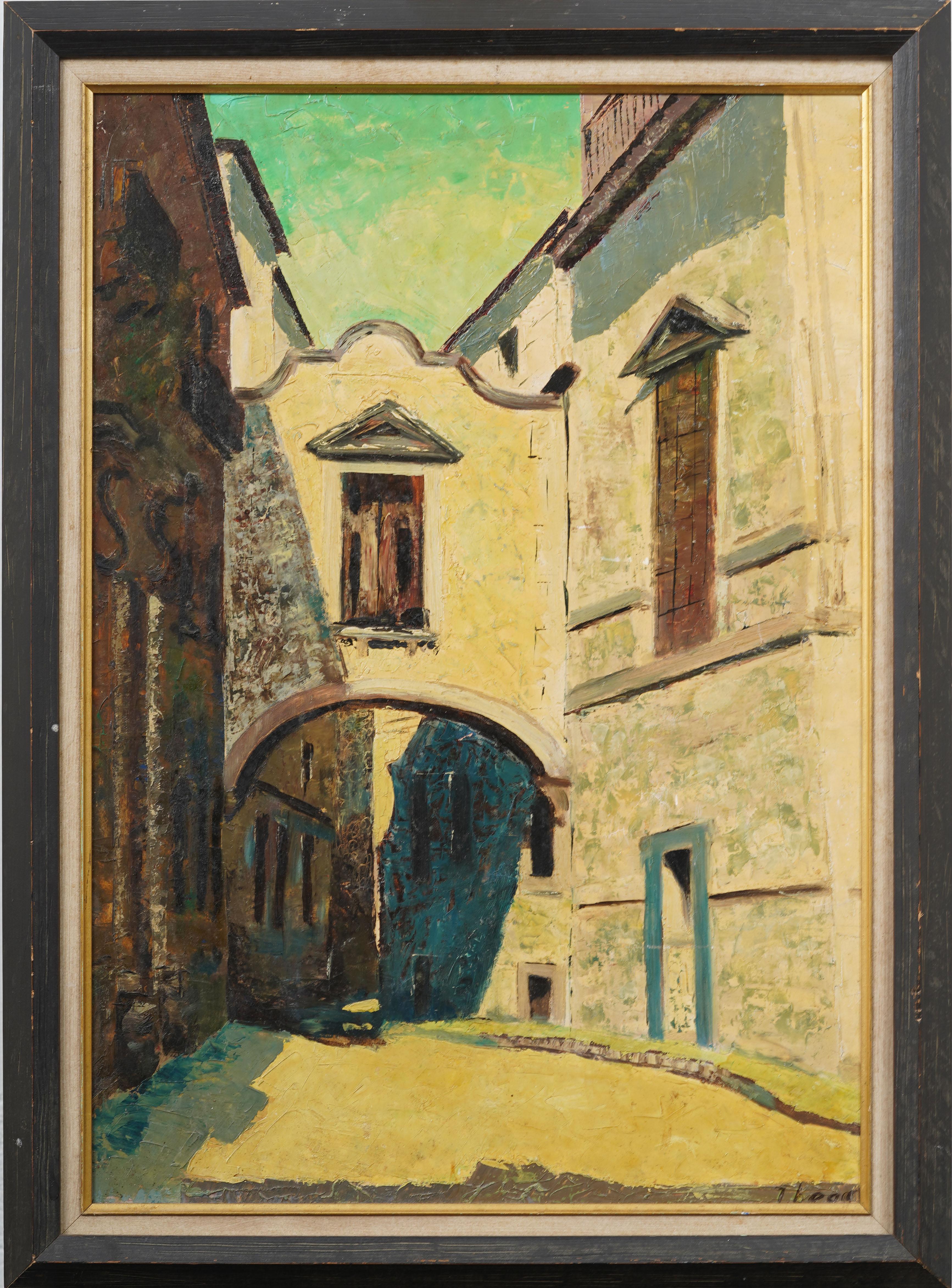 Vintage European Modernist Street Scene Signed Framed Modernist Oil Painting - Brown Abstract Painting by Unknown