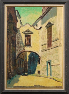 Vintage European Modernist Street Scene Signed Framed Modernist Oil Painting