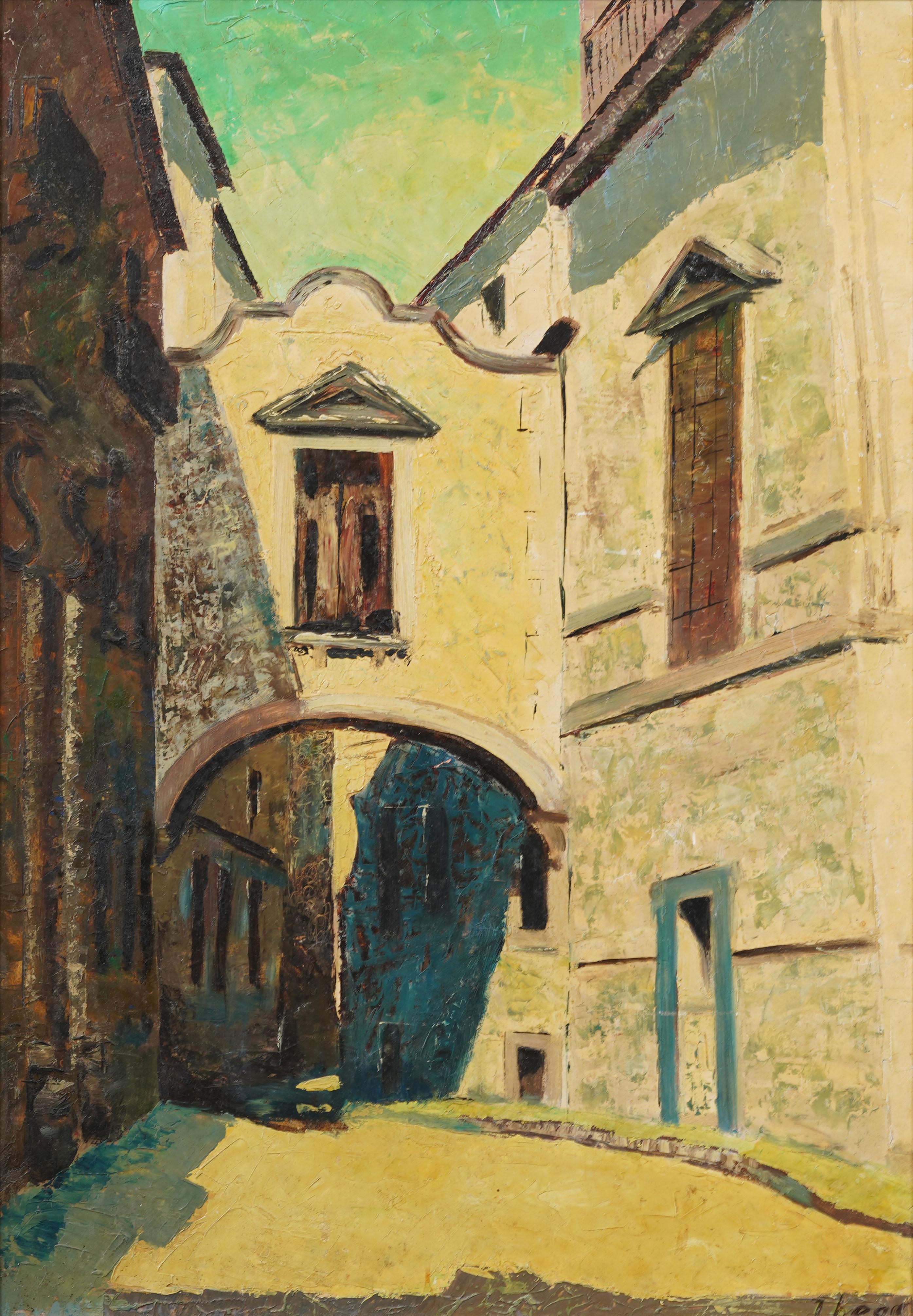 Vintage American modernist European street scene painting.  Oil on board.  Framed.  Signed.  Image size, 16.5. by 23.5 inches.  

