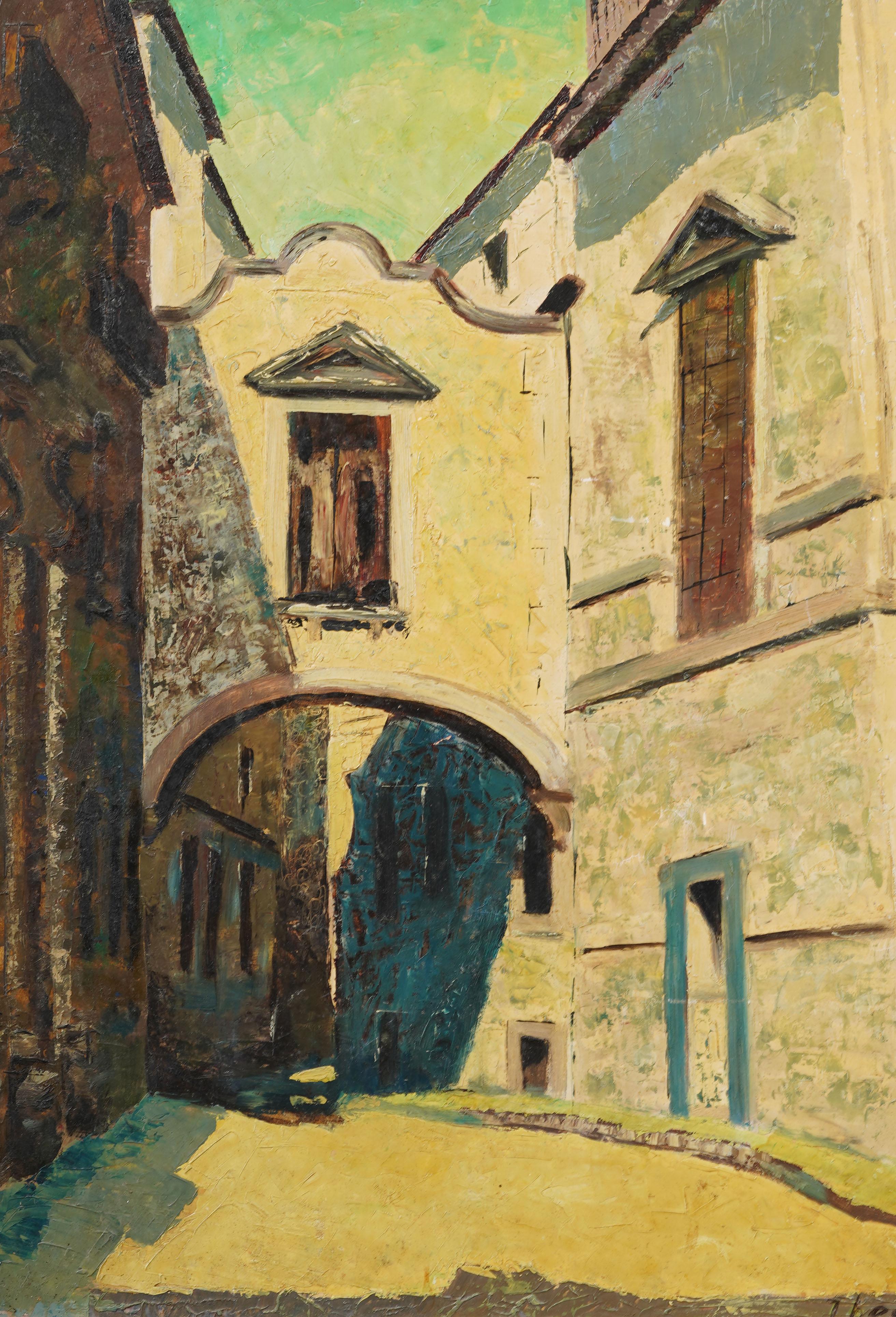 Vintage European Modernist Street Scene Signed Framed Modernist Oil Painting For Sale 1