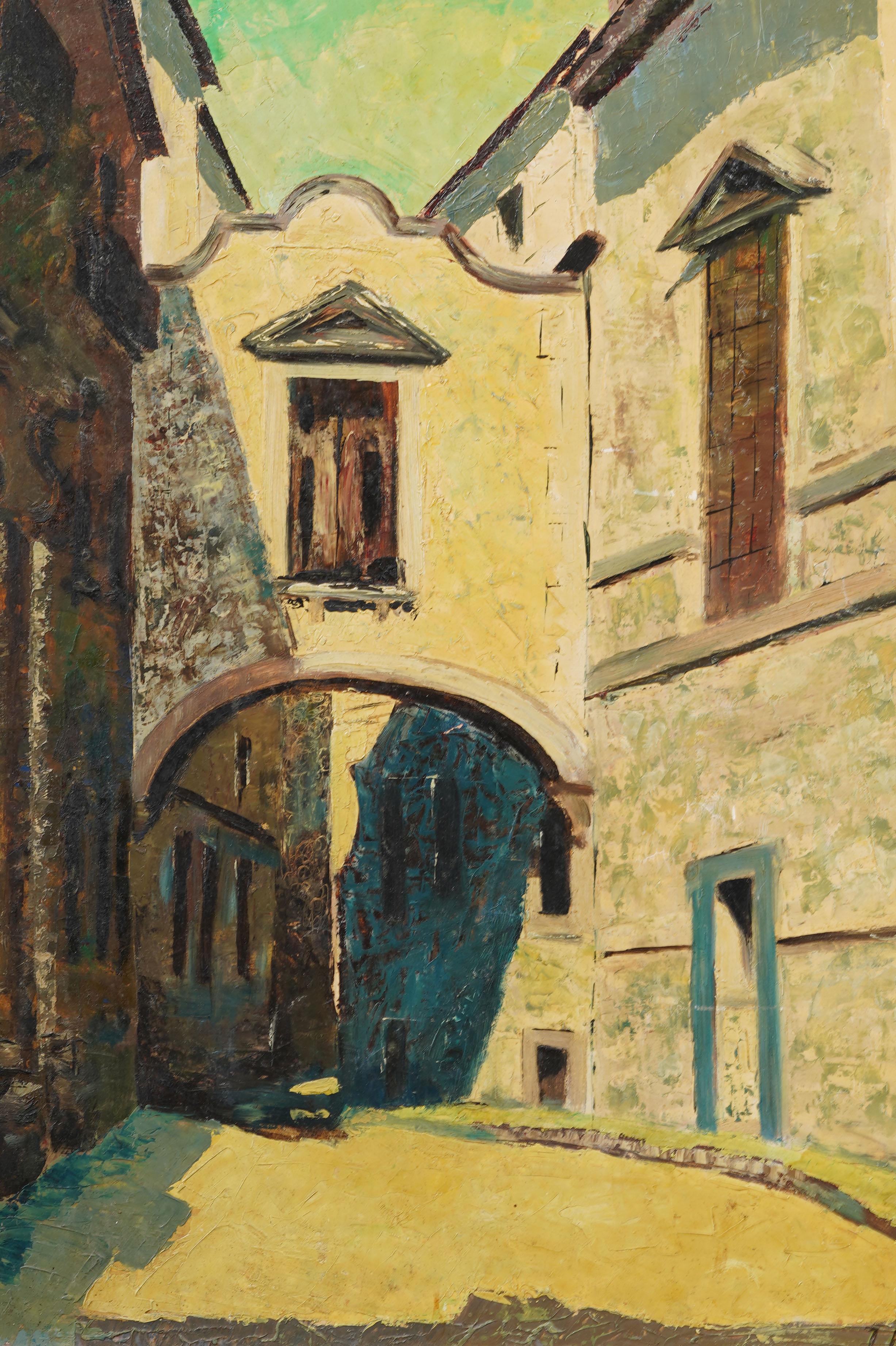 Vintage European Modernist Street Scene Signed Framed Modernist Oil Painting For Sale 2